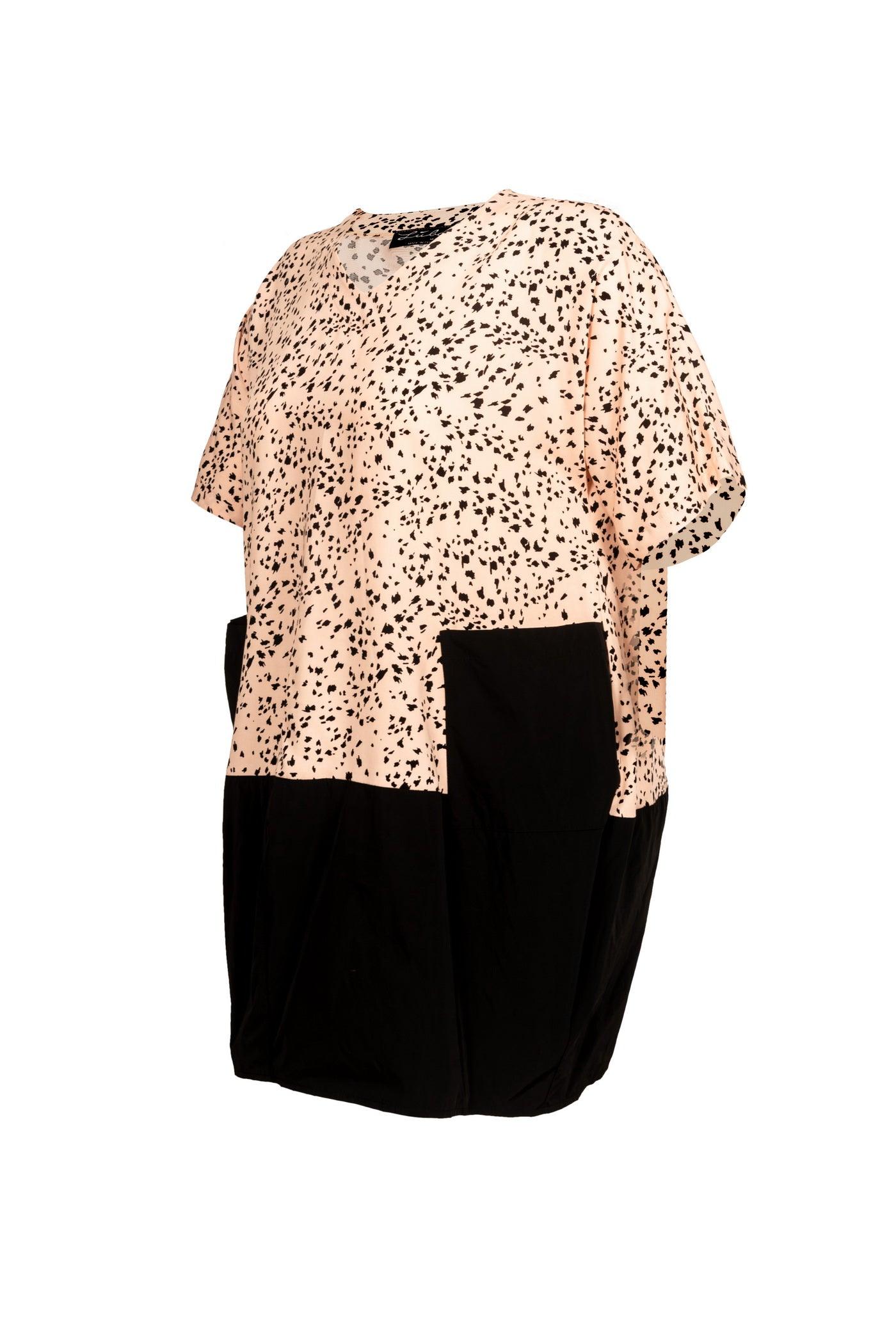 Rosé-schwarzes Stoff-Mix Kleid aus Viskose mit Taft-Rock Seitenansicht