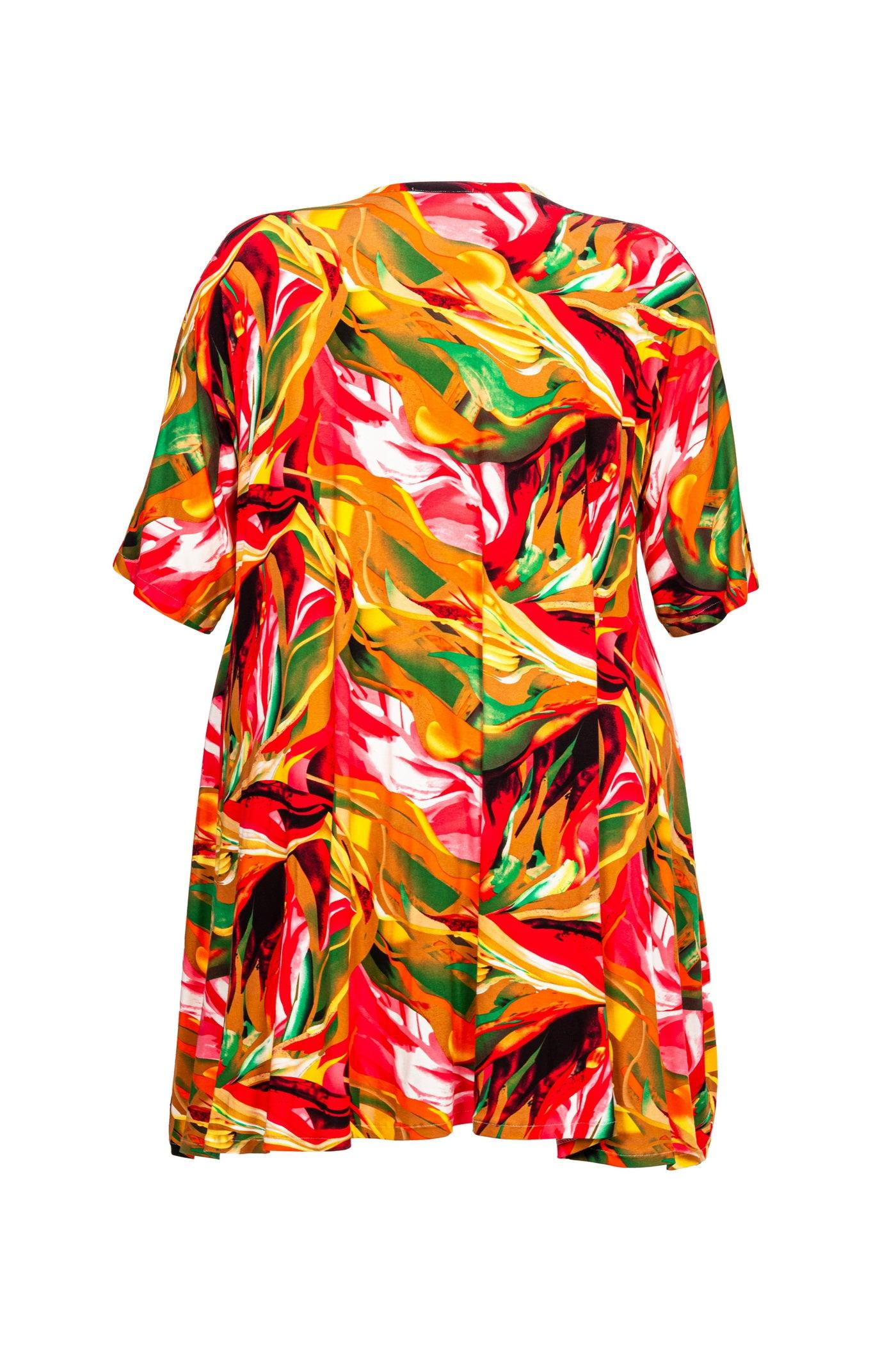Rot-pink-grün-oranges Jersey-Viskose-Kleid mit Flower-Print - Rückansicht