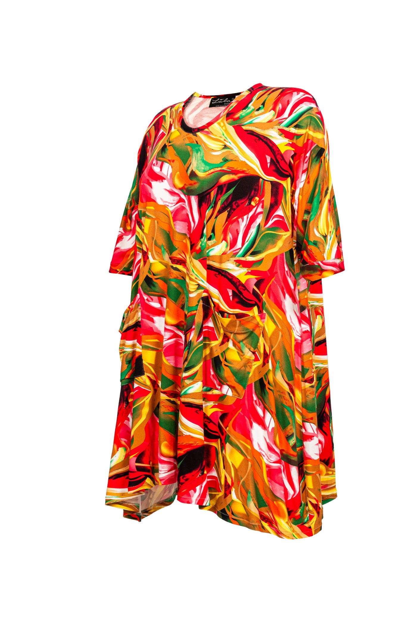 Rot-pink-grün-oranges Jersey-Viskose-Kleid mit Flower-Print - Seitenansicht