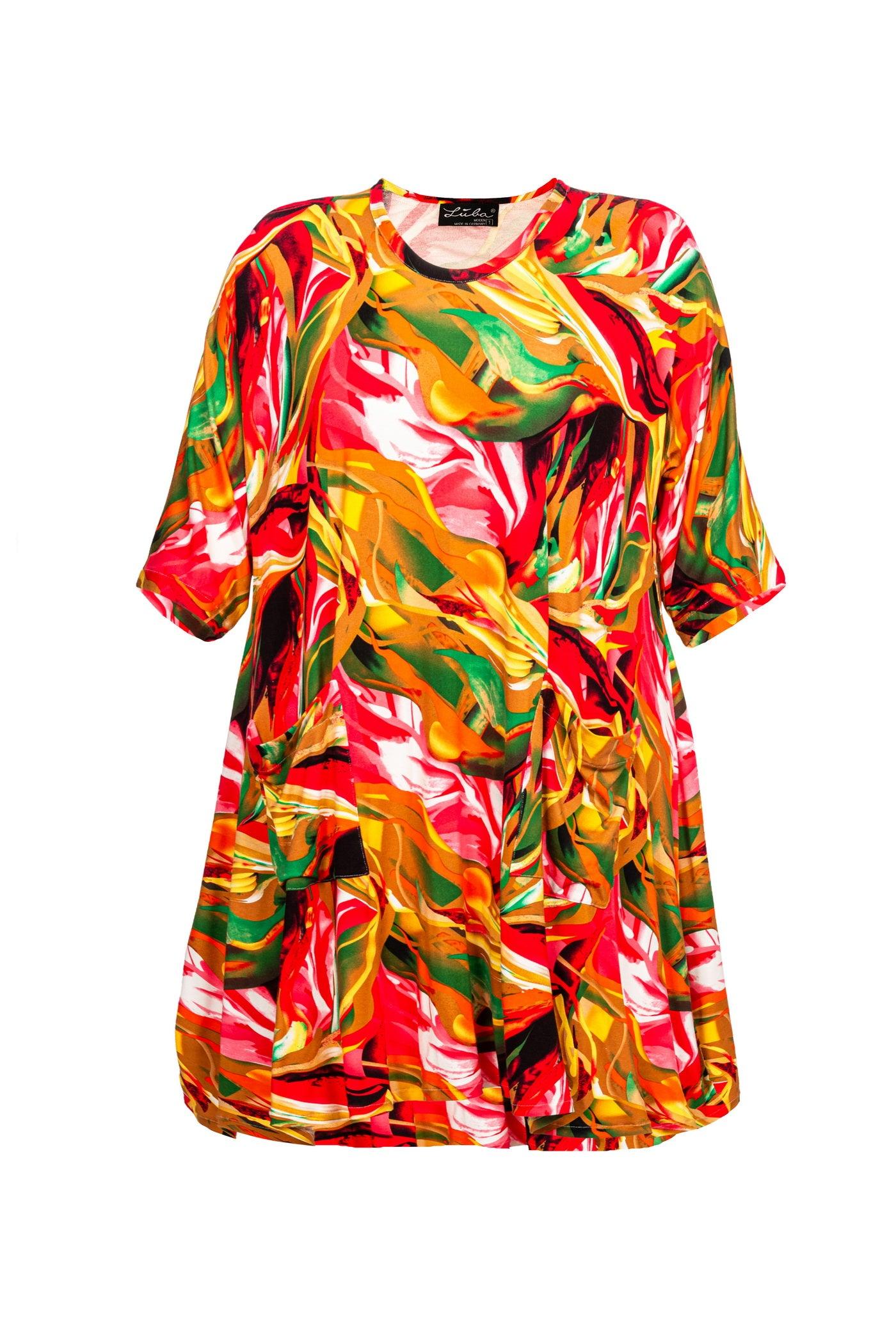Rot-pink-grün-oranges Jersey-Viskose-Kleid mit Flower-Print - Vorderansicht