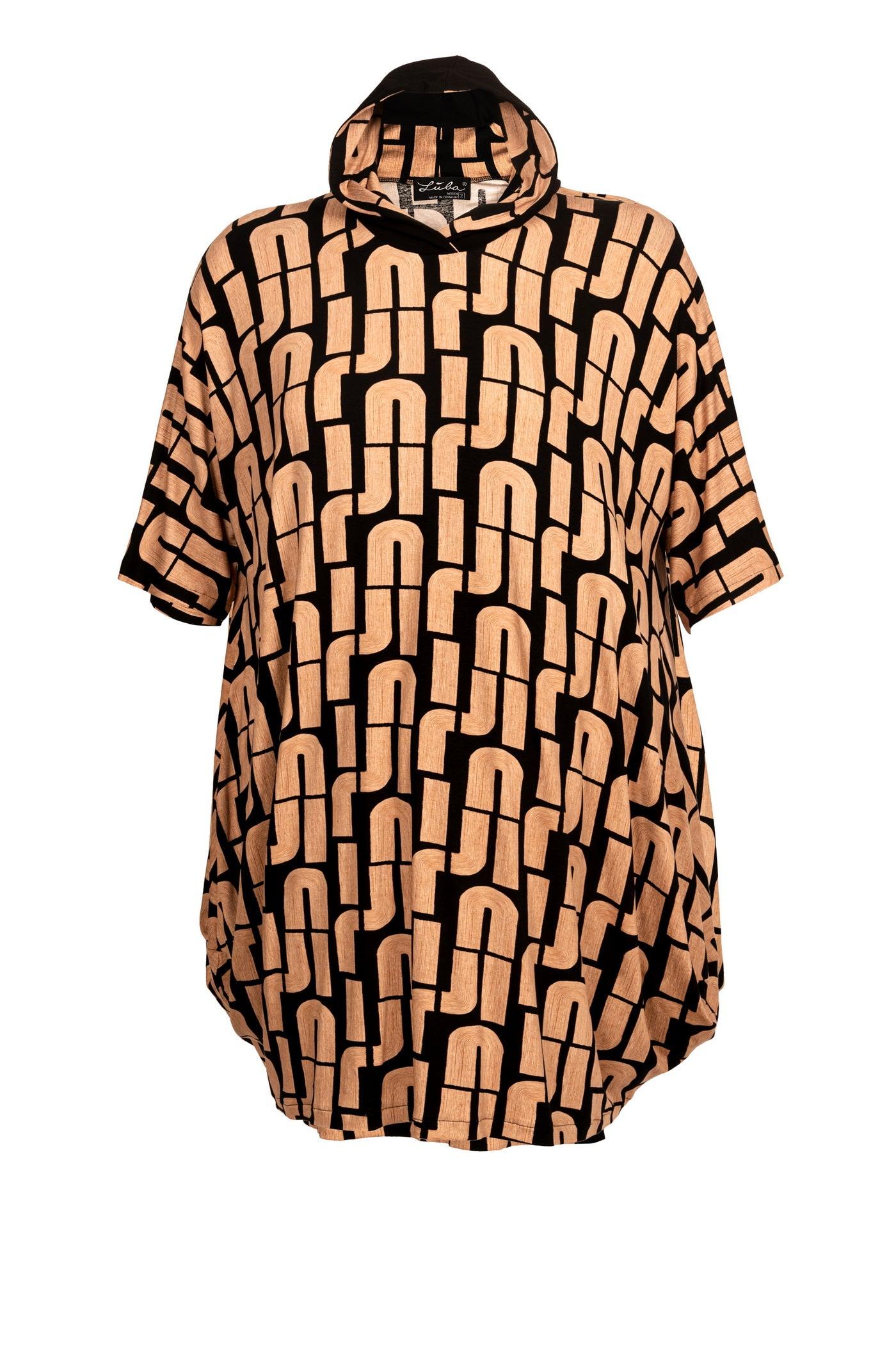 Frontansicht Schwarz-Beiges Kleid mit Kapuze