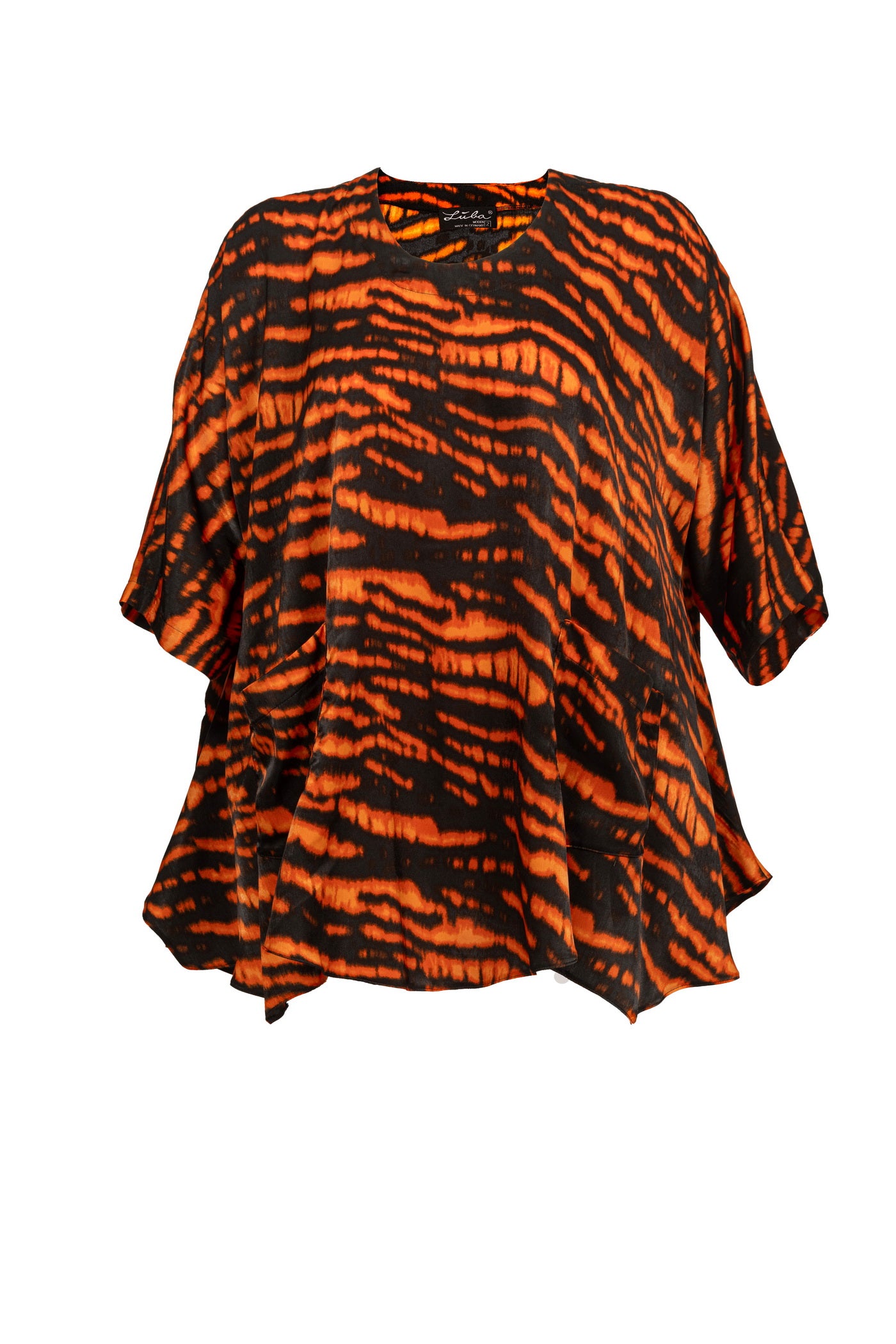 Schwarz-orange Satin Tunika – elegante und stilvolle Damenmode für mollige Frauen von Lubamoden