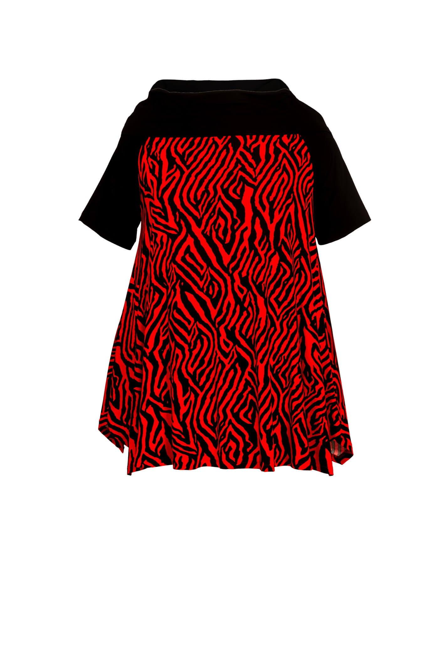 Schwarz-rote Carmen-Tunika aus Viskose-Jersey mit A-Linien-Schnitt und kurzen Ärmeln