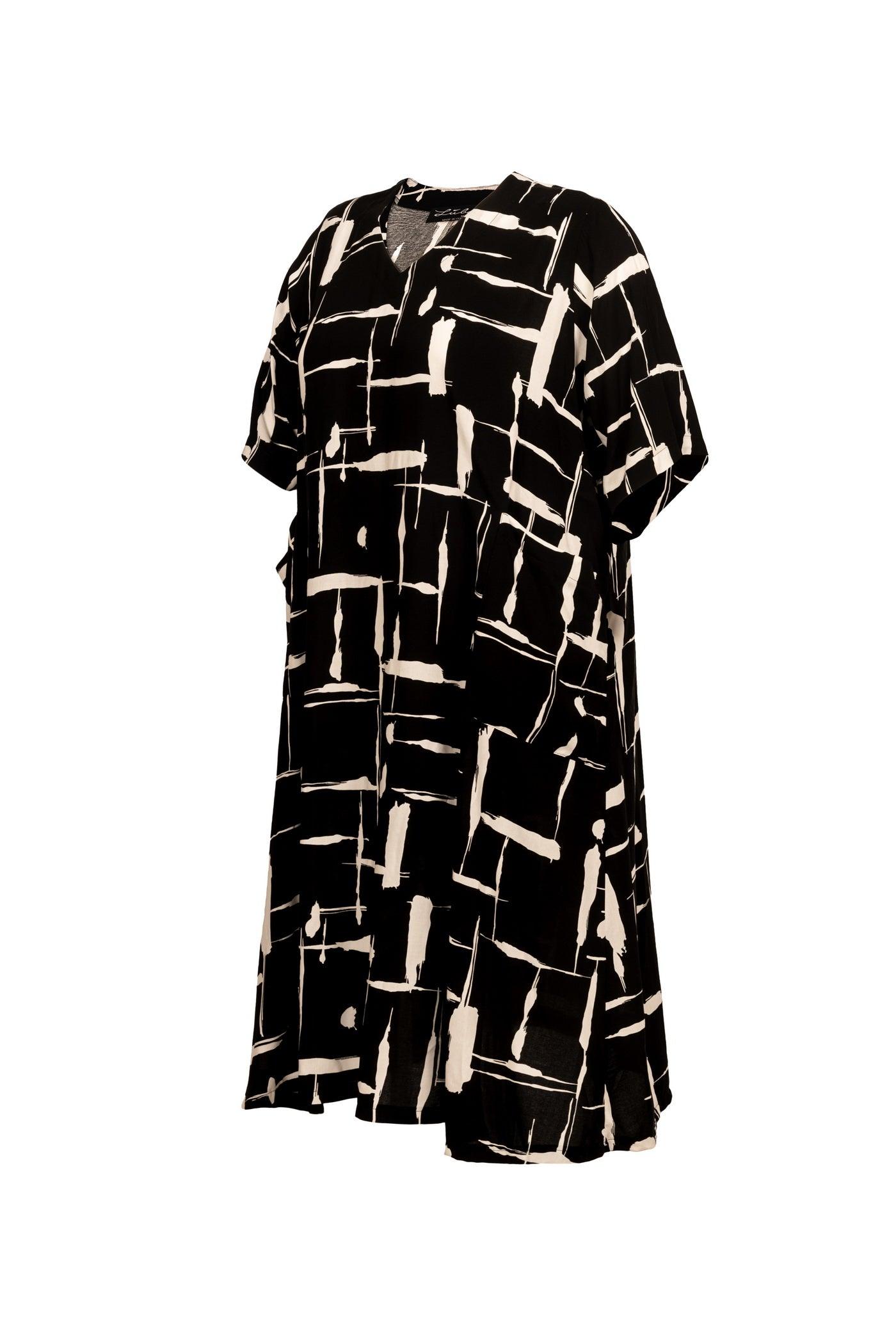 Rückansicht Schwarz-Weißes Viskose-Kleid mit V-Ausschnitt und Allover-Print