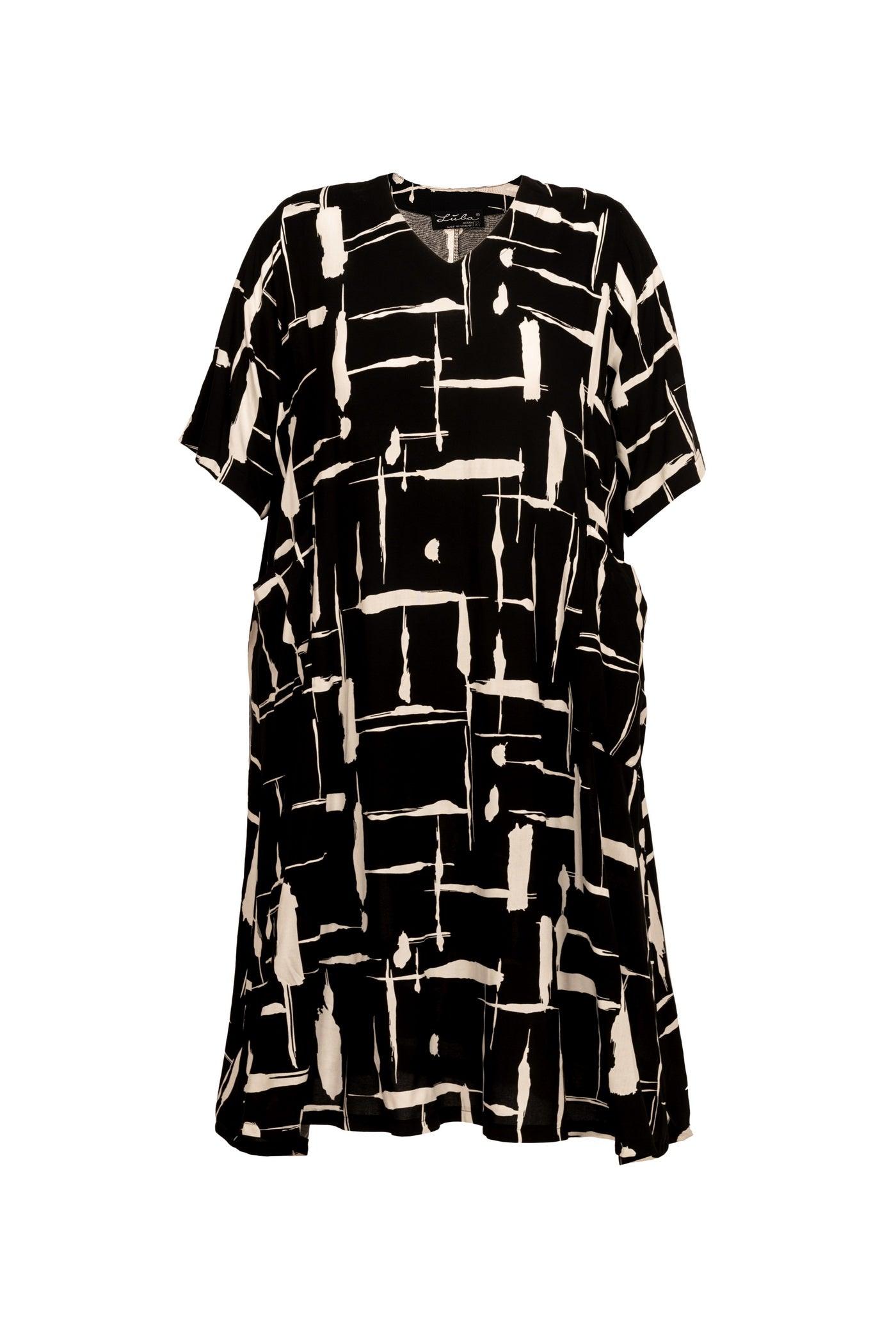 Frontansicht Schwarz-Weißes Viskose-Kleid mit V-Ausschnitt und Allover-Print
