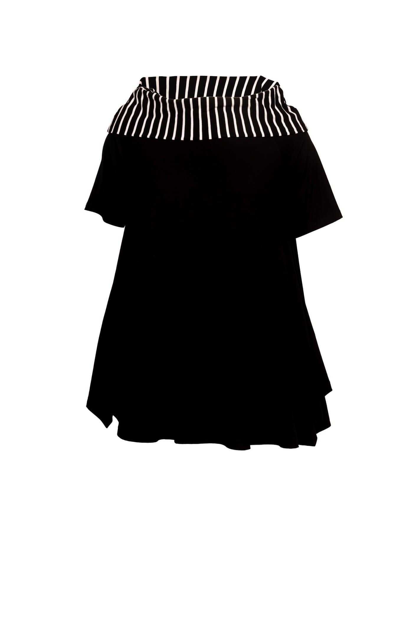 Schwarze Carmen-Tunika aus Viskose-Jersey mit schwarz-weißem Streifenkragen