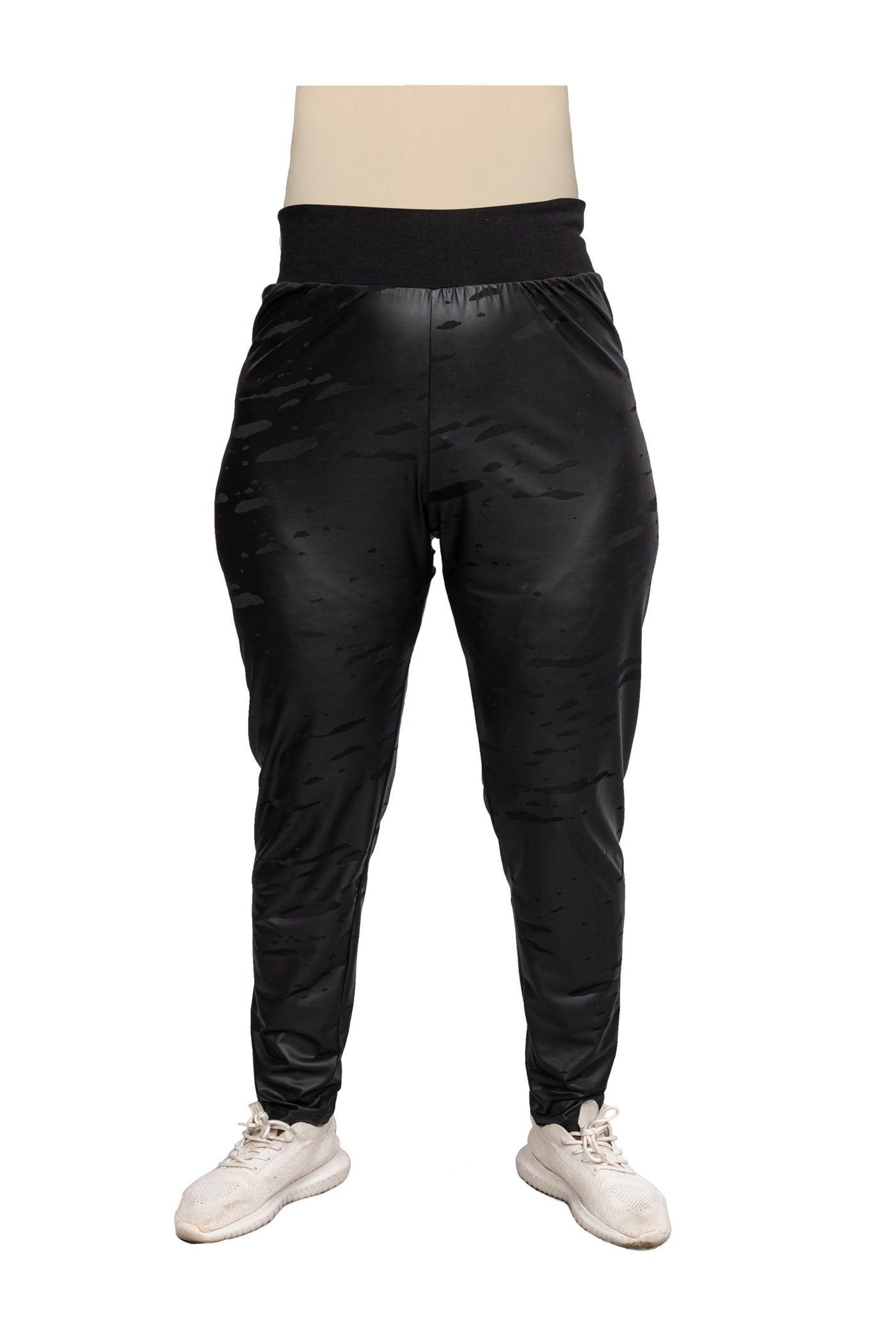 Schwarze Jersey-Leggings mit Lederimitat und Strickmuster - Vorderansich