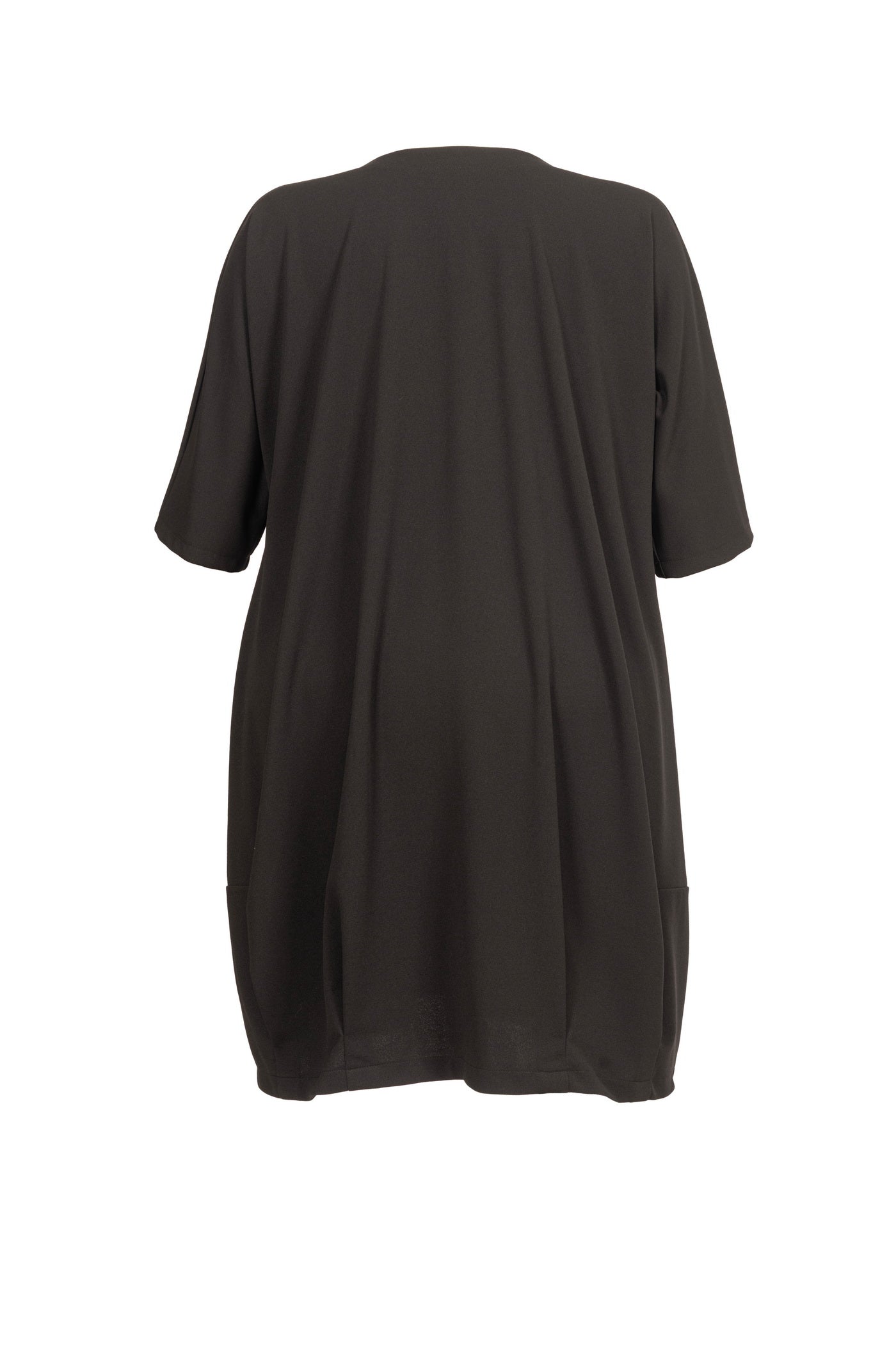 Extravagantes schwarzes Plus-Size-Ballonkleid von hinten, figurumspielender Schnitt.