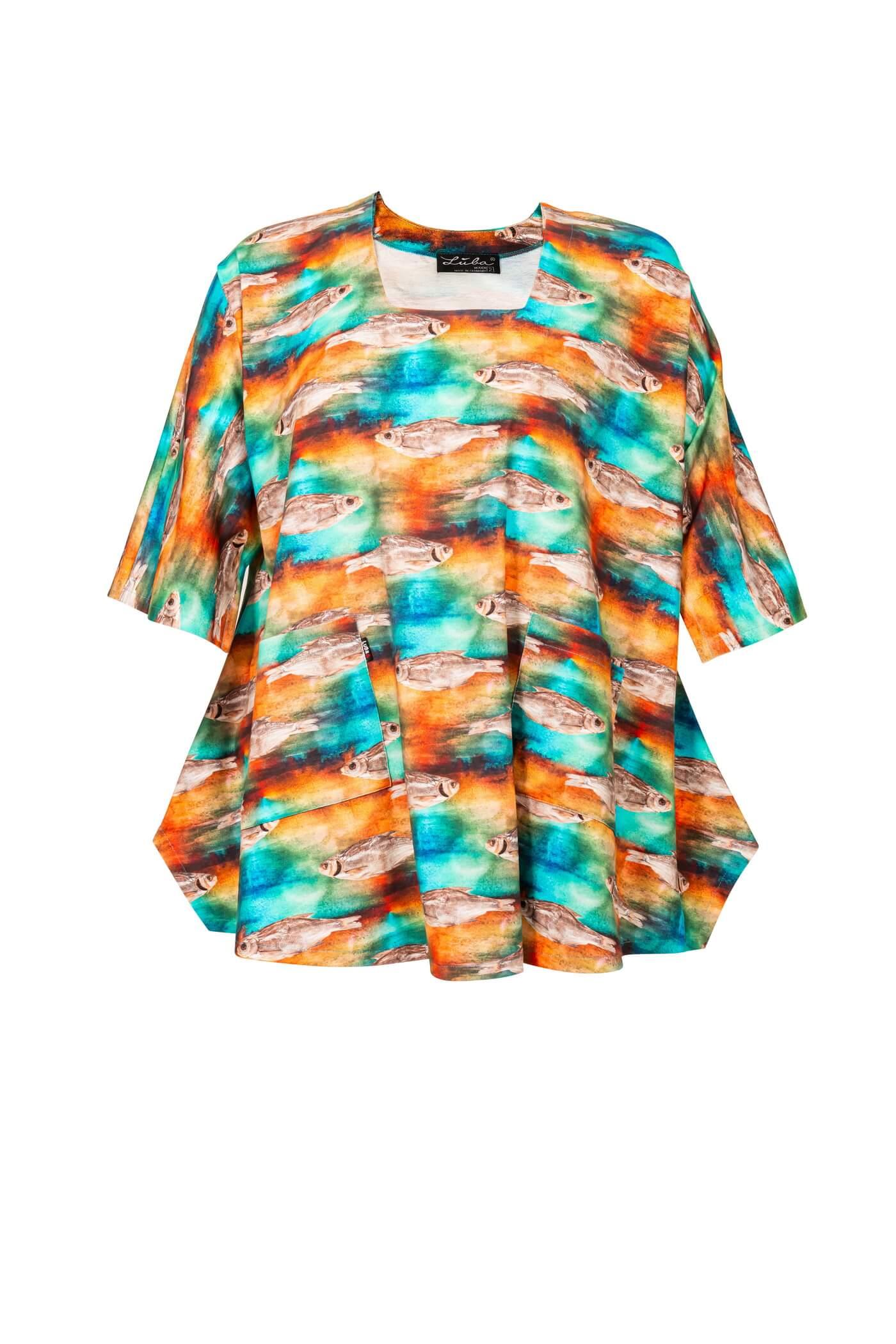 Stilvolle Baumwoll-Tunika mit Fischmuster-Druck, V-Halsausschnitt und 3/4 Ärmeln mit Schlitz, 88 cm lang, beige-mint