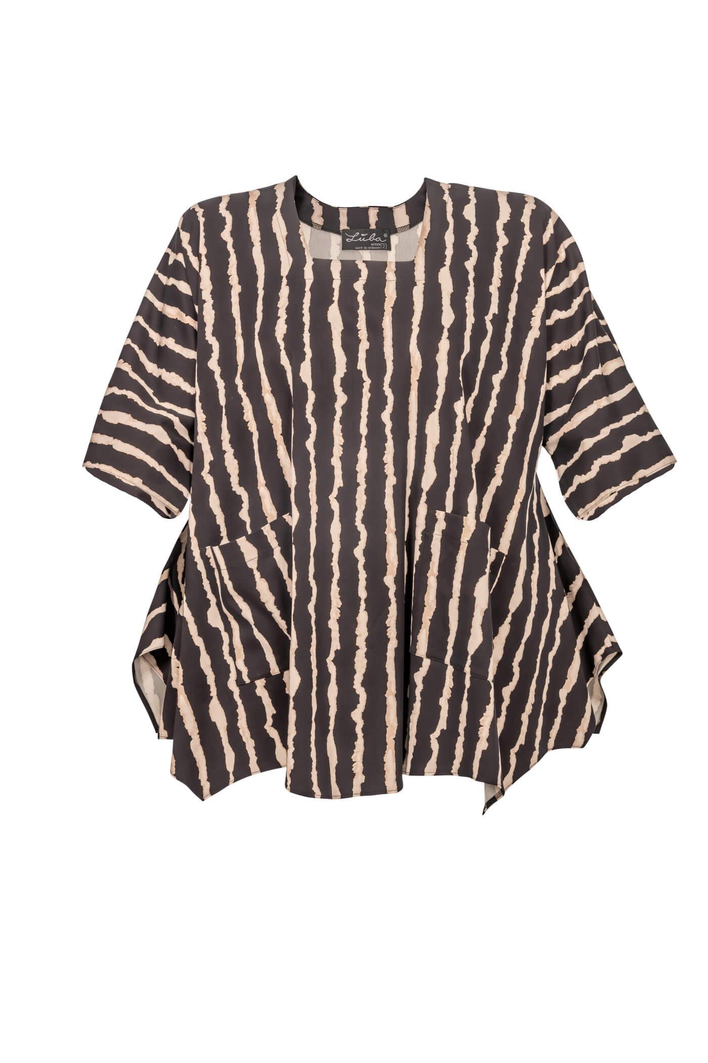 Stilvolle Jersey-Tunika mit Allover-Print, A-Linie, eckiger Halsausschnitt und 3/4 Ärmeln, 88 cm lang, Schwarz-Beige.