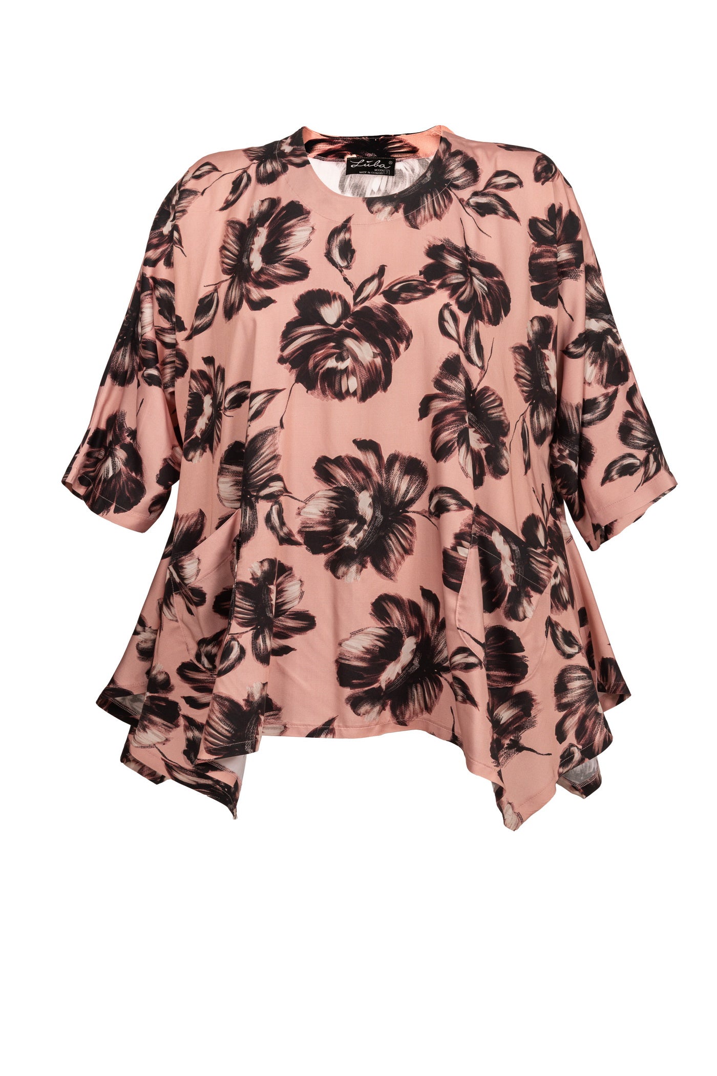 Viskose Satin Tunika mit Flower Print in Altrosa – elegante Damenmode für mollige Frauen von Lubamoden