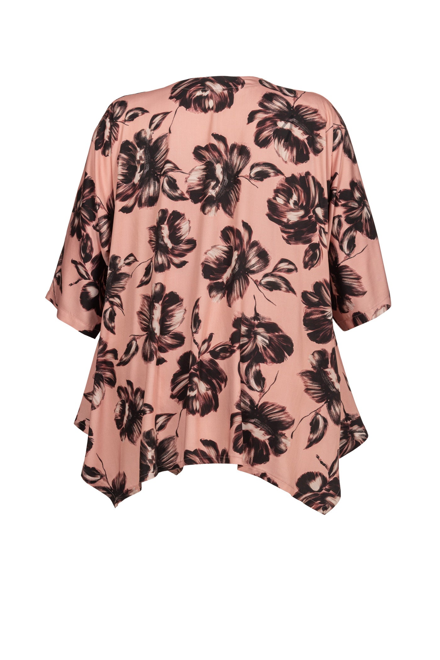 Rückseite der Viskose Satin Tunika mit Flower Print in Altrosa – luftiges und feminines Design für mollige Damen
