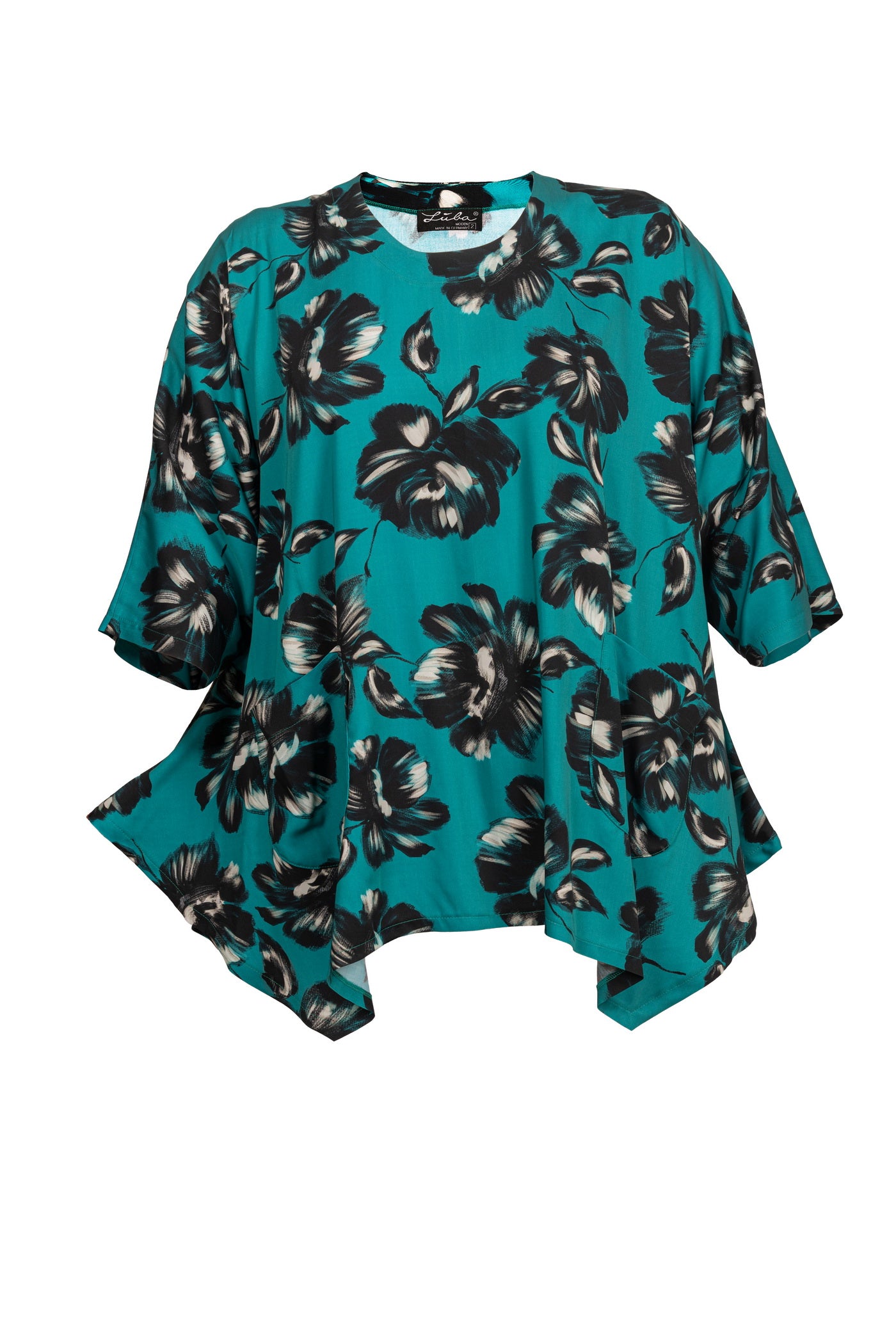 Viskose Satin Tunika mit Flower Print in Petrol – elegante und luftige Damenmode für mollige Frauen von Lubamoden