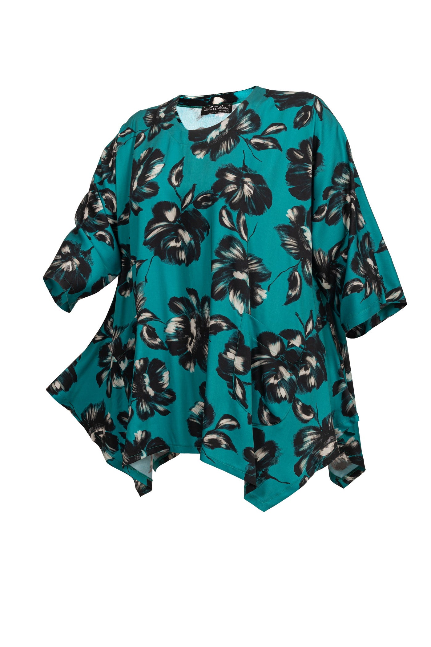 Seitenansicht der Viskose Satin Tunika mit Flower Print in Petrol – komfortabler Schnitt für Damen in großen Größen