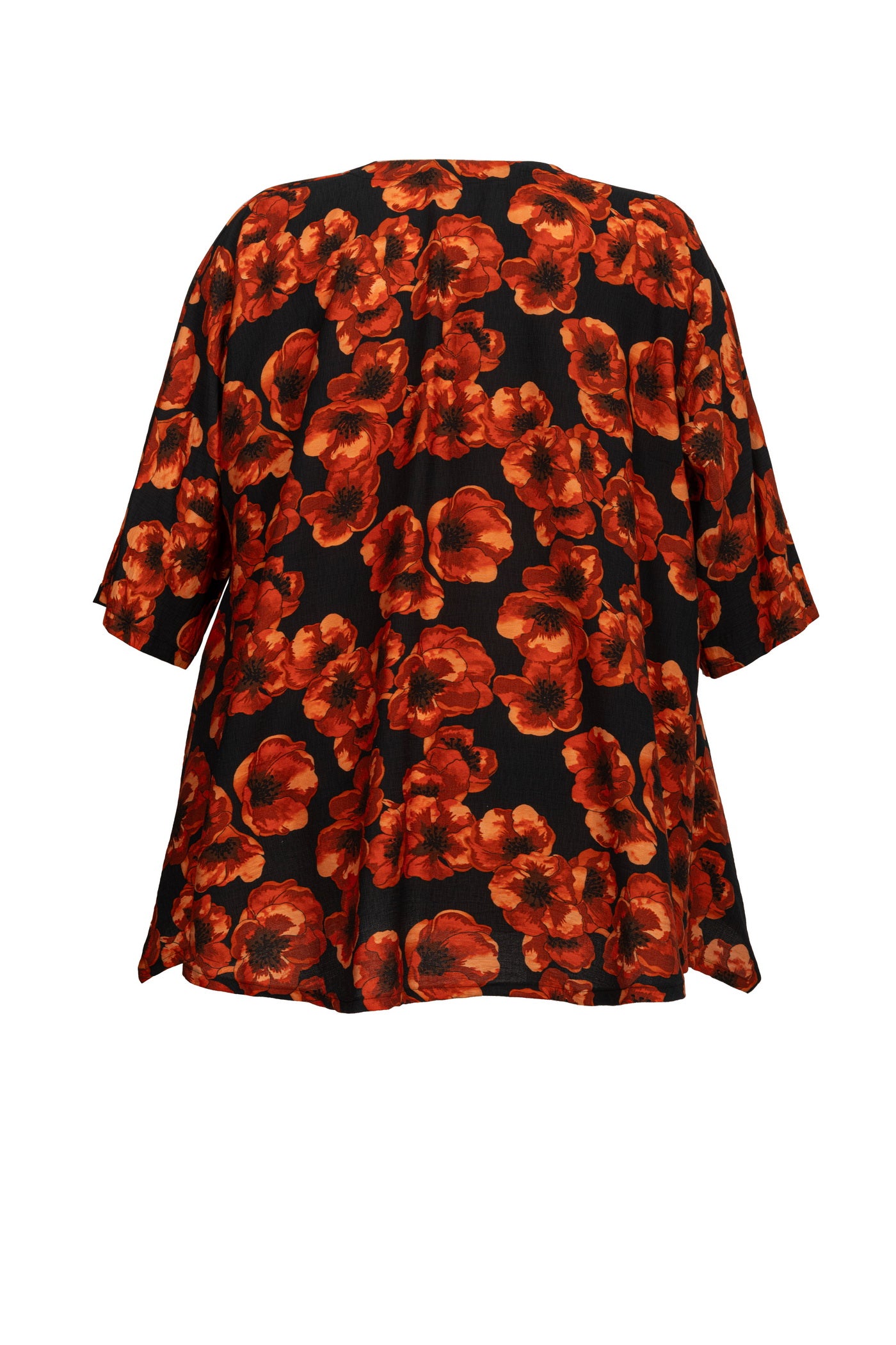 Rückseite der Viskose Tunika mit Flower Print Schwarz-Terrakotta – sommerliches, elegantes Design für Damen in großen Größen