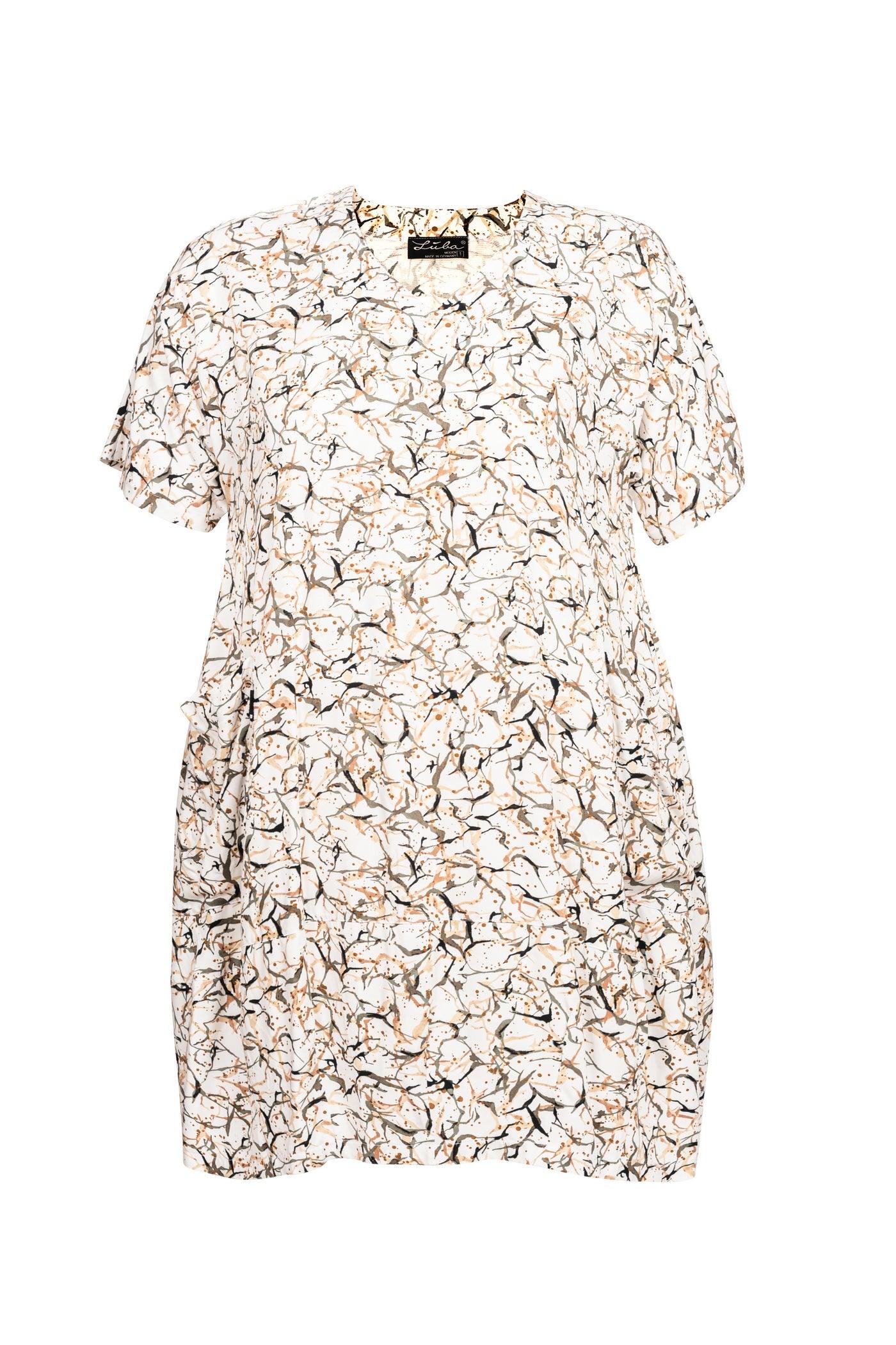 Weiß-grau-braunes Viskose-Kleid mit Animal-Print - Vorderansicht