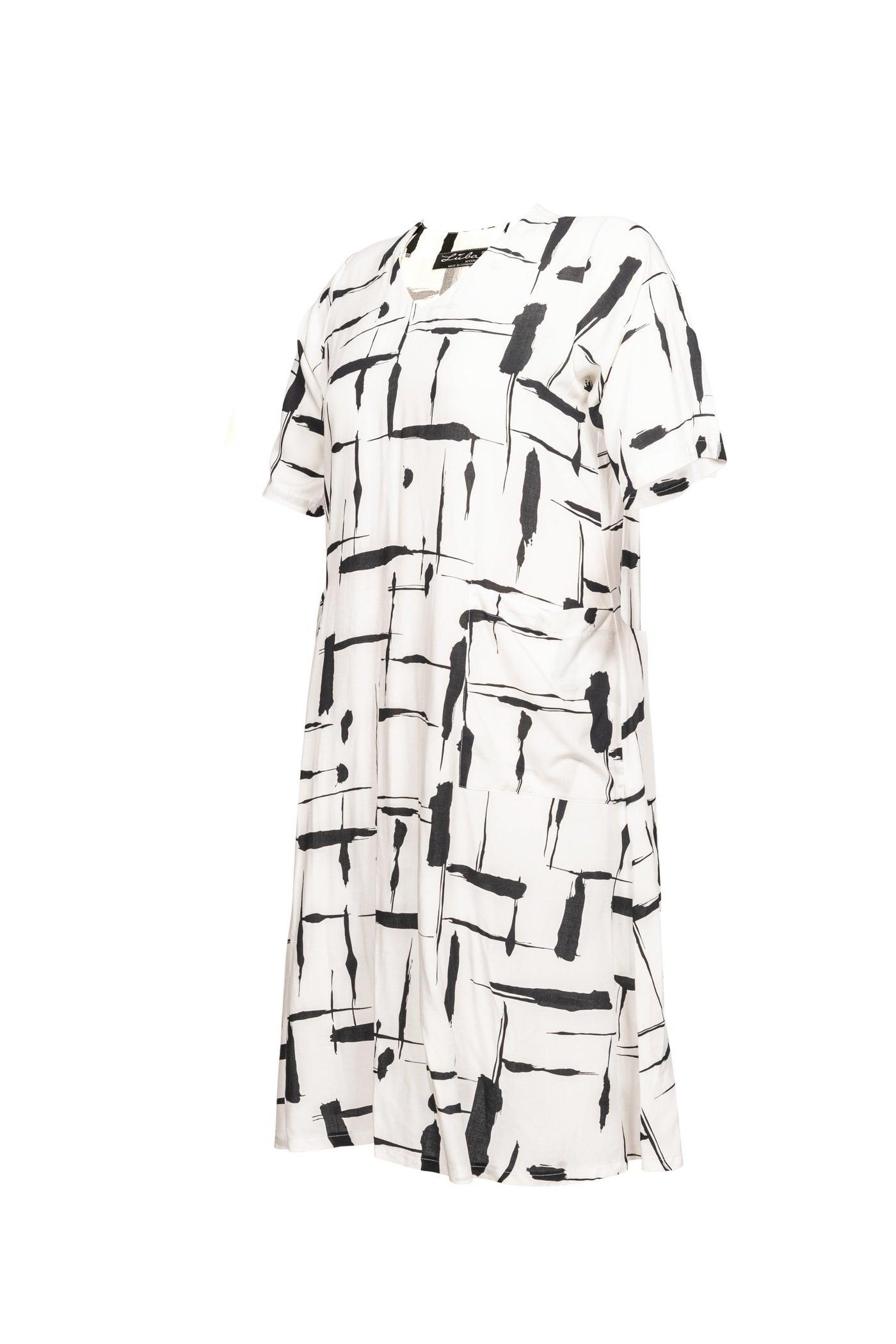 Weiß-schwarzes Viskose-Kleid mit Allover-Print - Seitenansicht