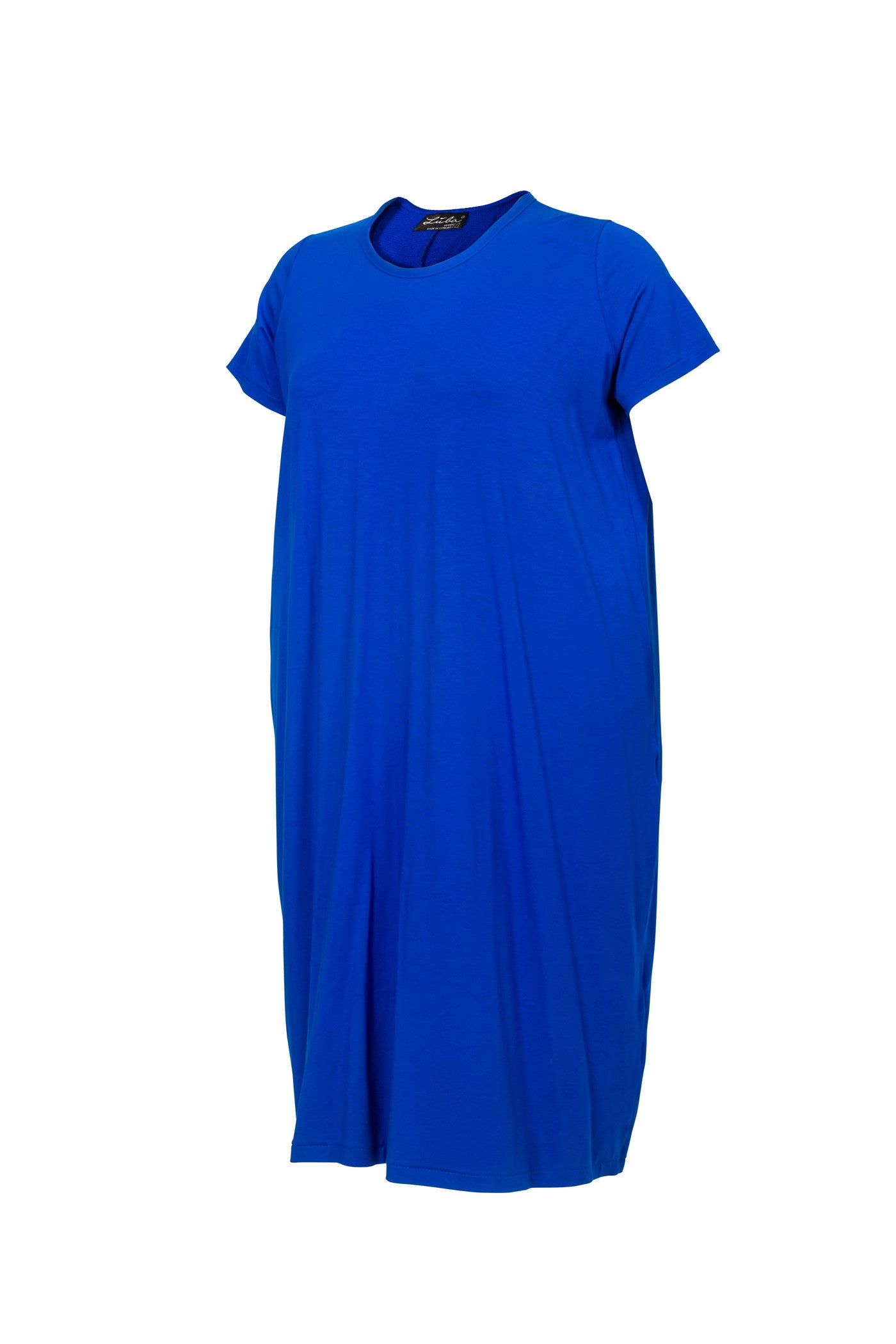 Wide jersey dress blue calf-length with round neck and short sleeves