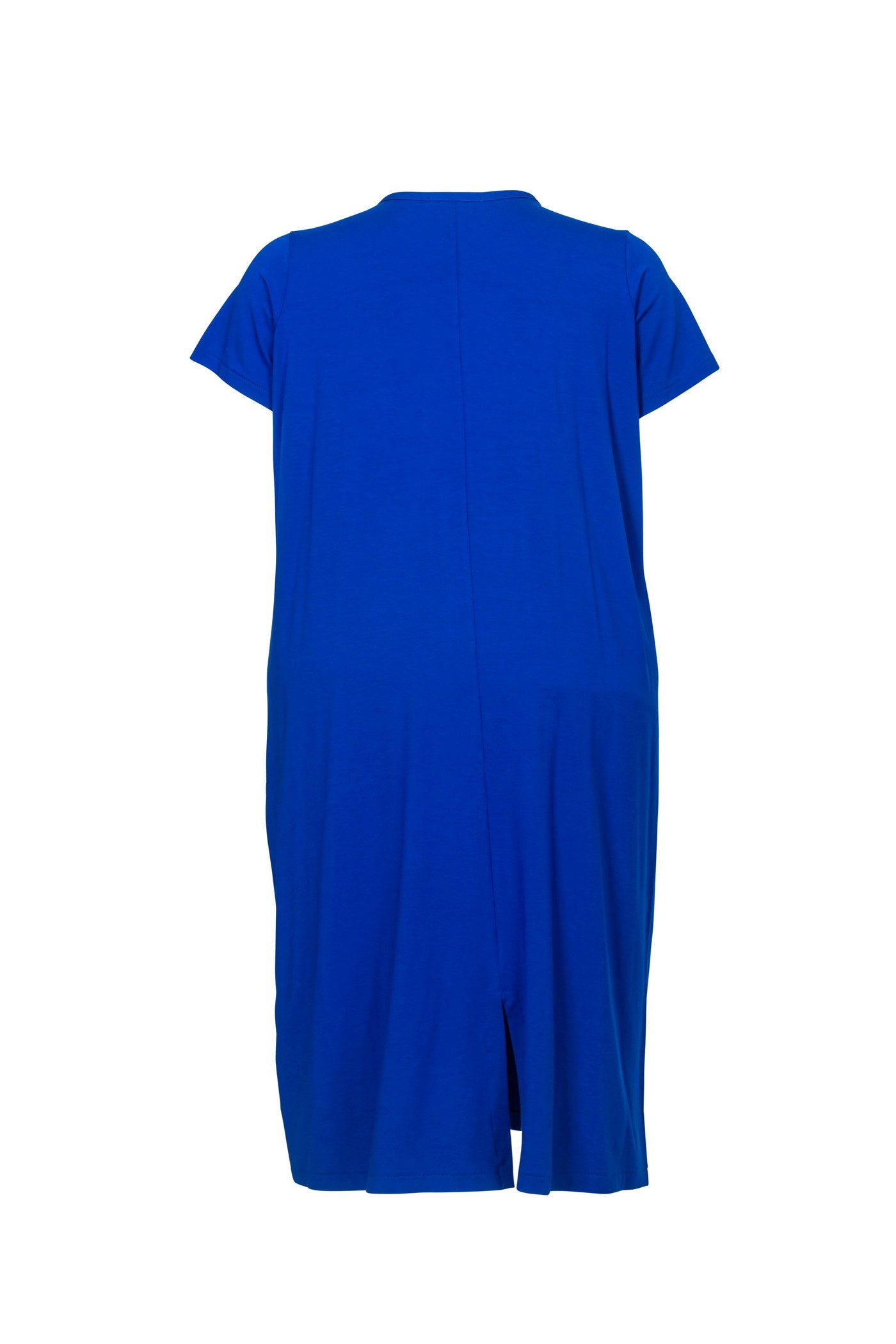 Wide jersey dress blue calf-length with round neck and short sleeves