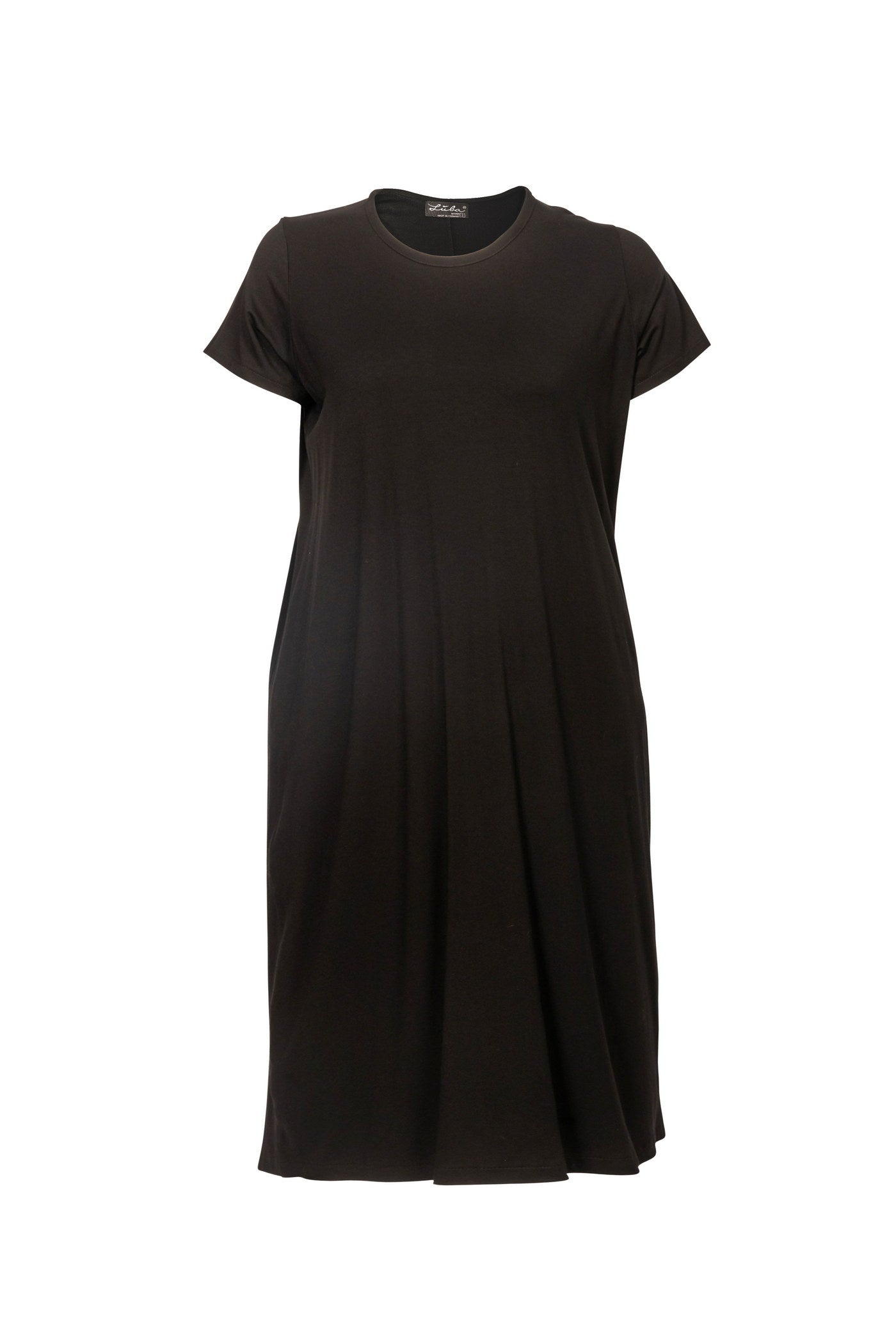 Wide jersey dress black calf-length with round neck and short sleeves