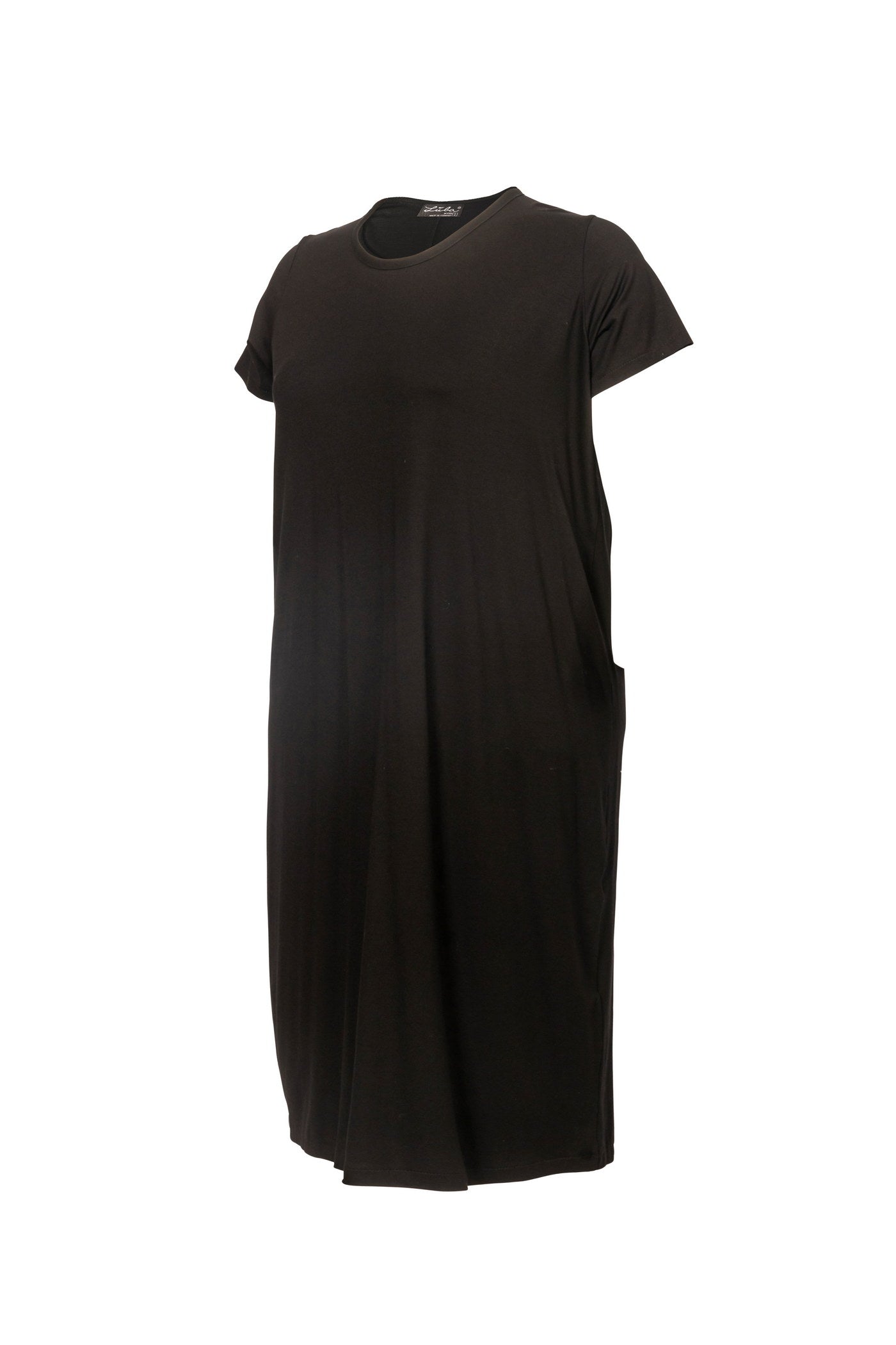 Wide jersey dress black calf-length with round neck and short sleeves