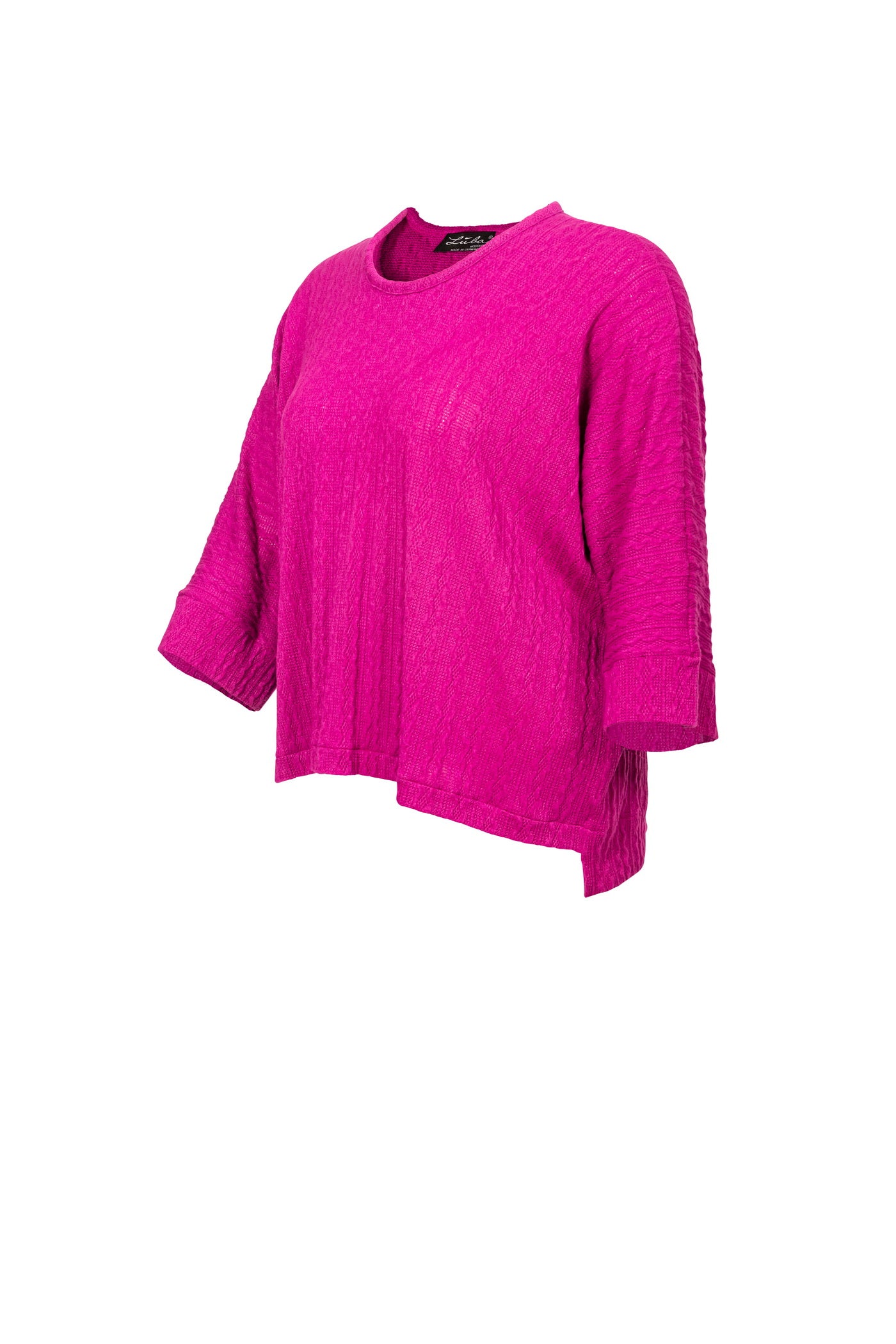 pink knitted sweater with round neck and cable pattern