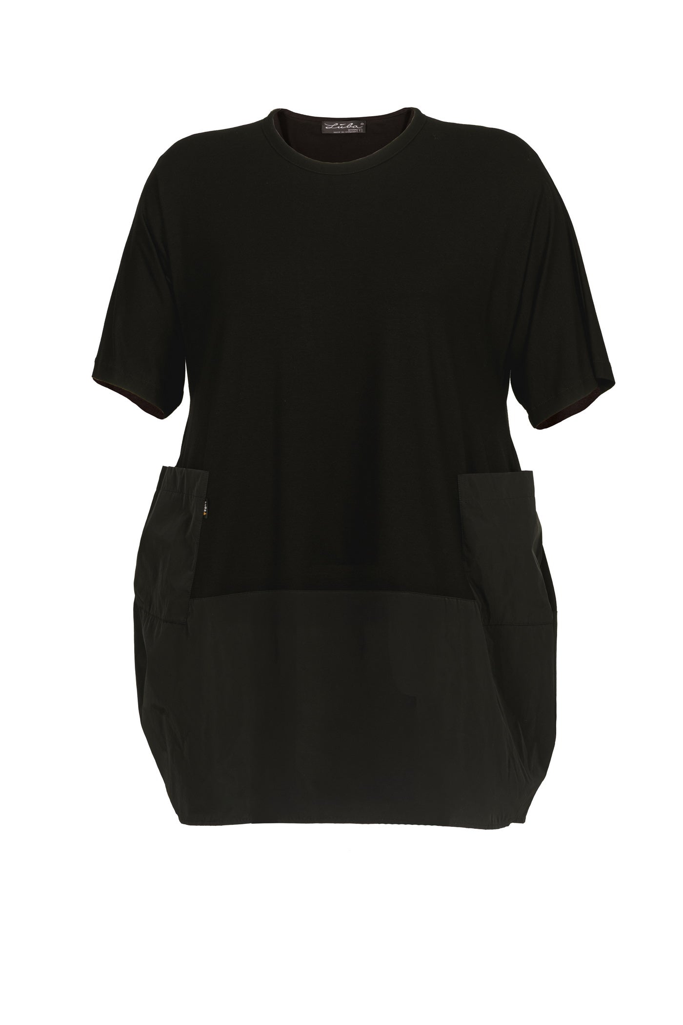 Schwarzes Jersey-Kleid mit schwarzem Taft-Rock.