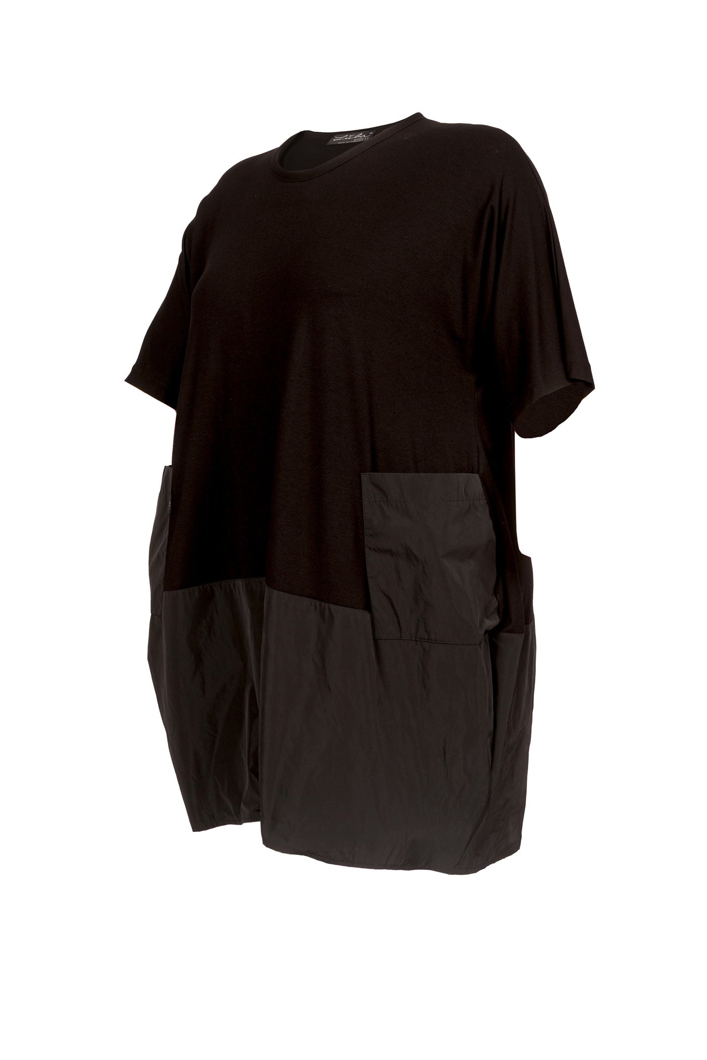 Schwarzes Jersey-Kleid mit schwarzem Taft-Rock.