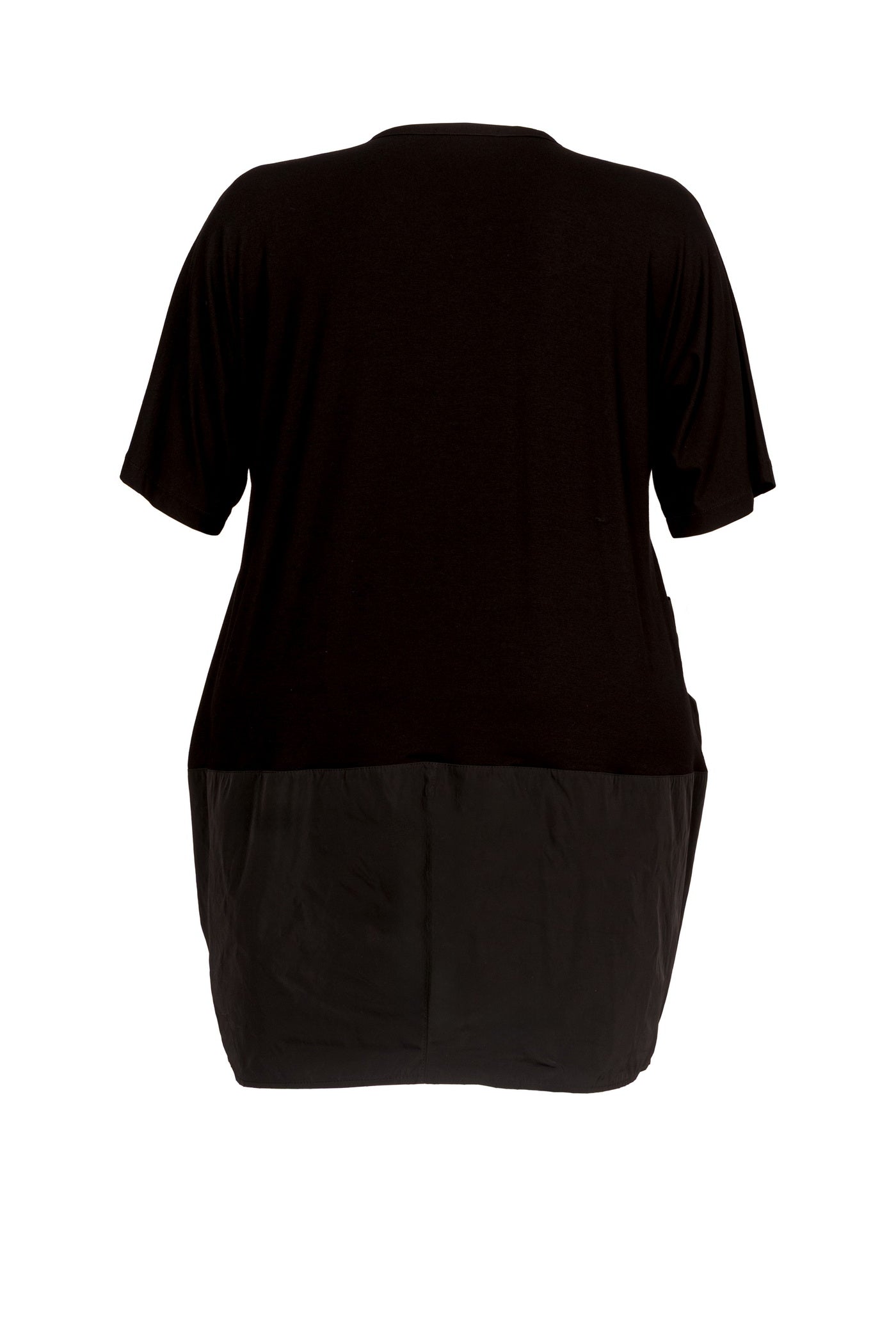 Schwarzes Jersey-Kleid mit schwarzem Taft-Rock.