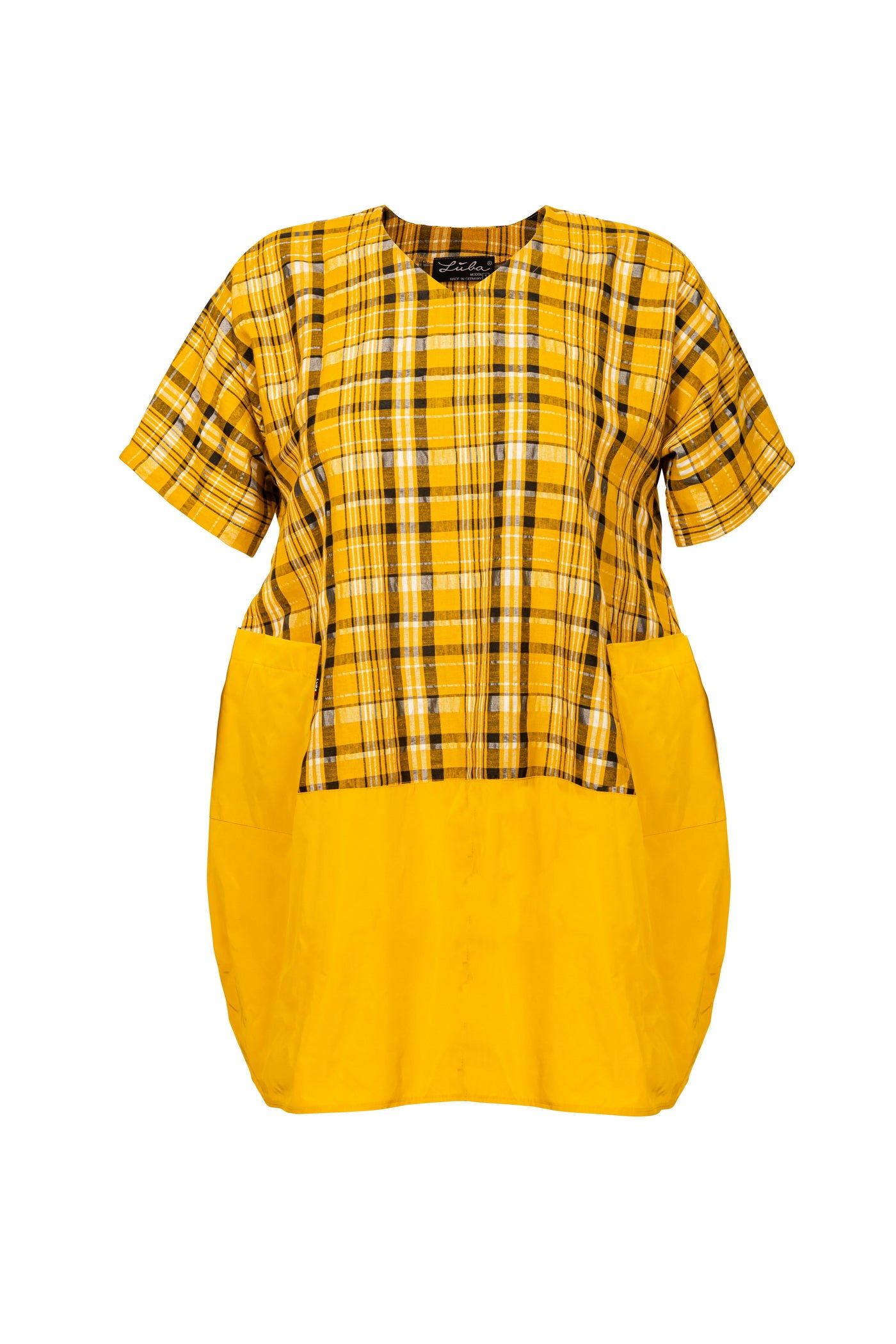 Yellow check dress made of cotton linen taffeta mix with balloon skirt