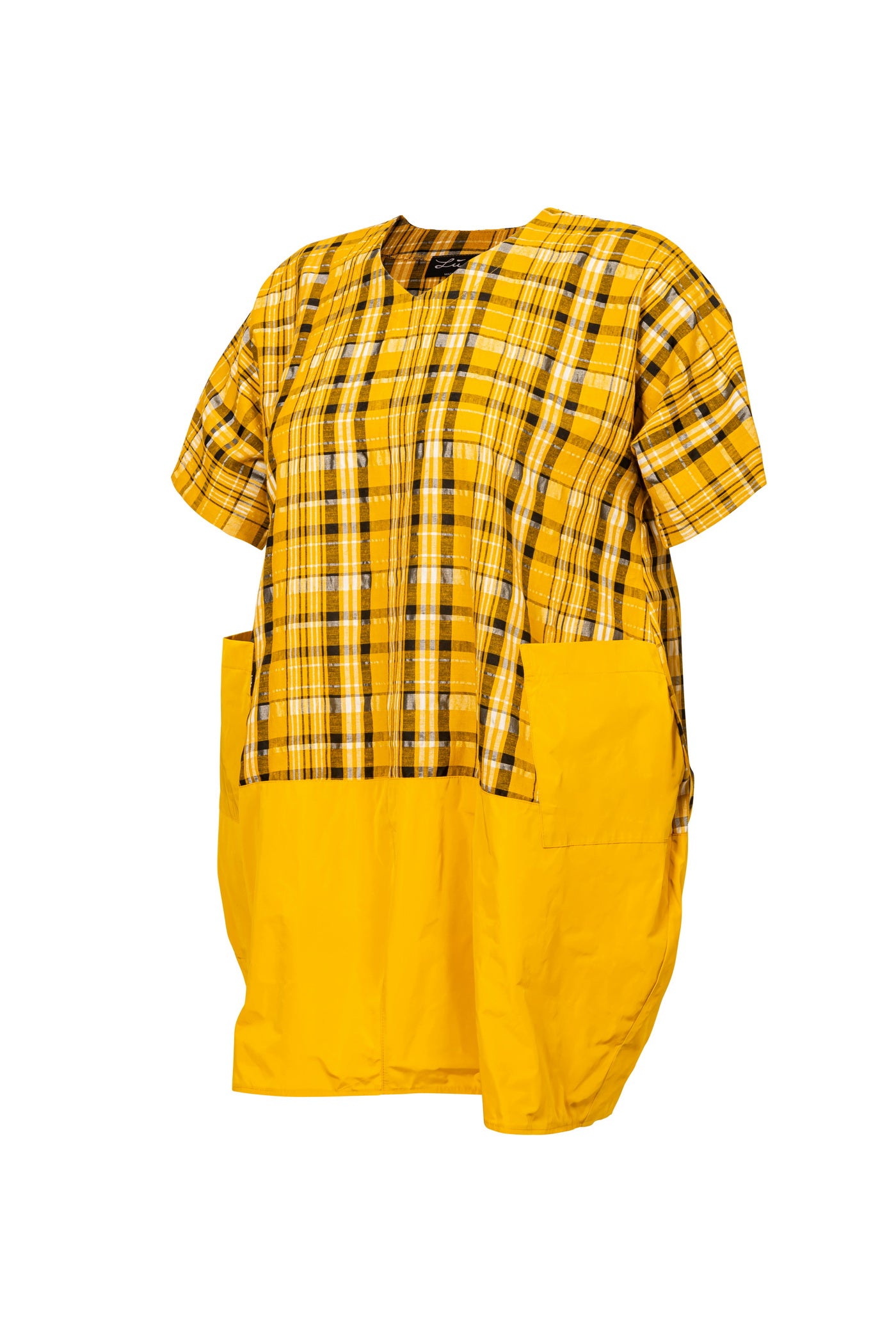 Yellow check dress made of cotton linen taffeta mix with balloon skirt