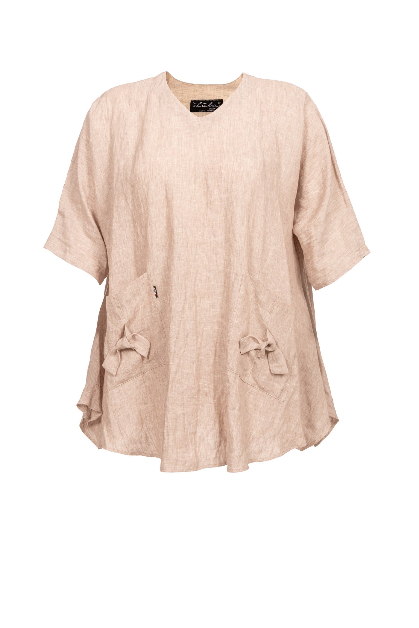 Beige Leinen-Tunika mit V-Ausschnitt und Zipfelsaum.