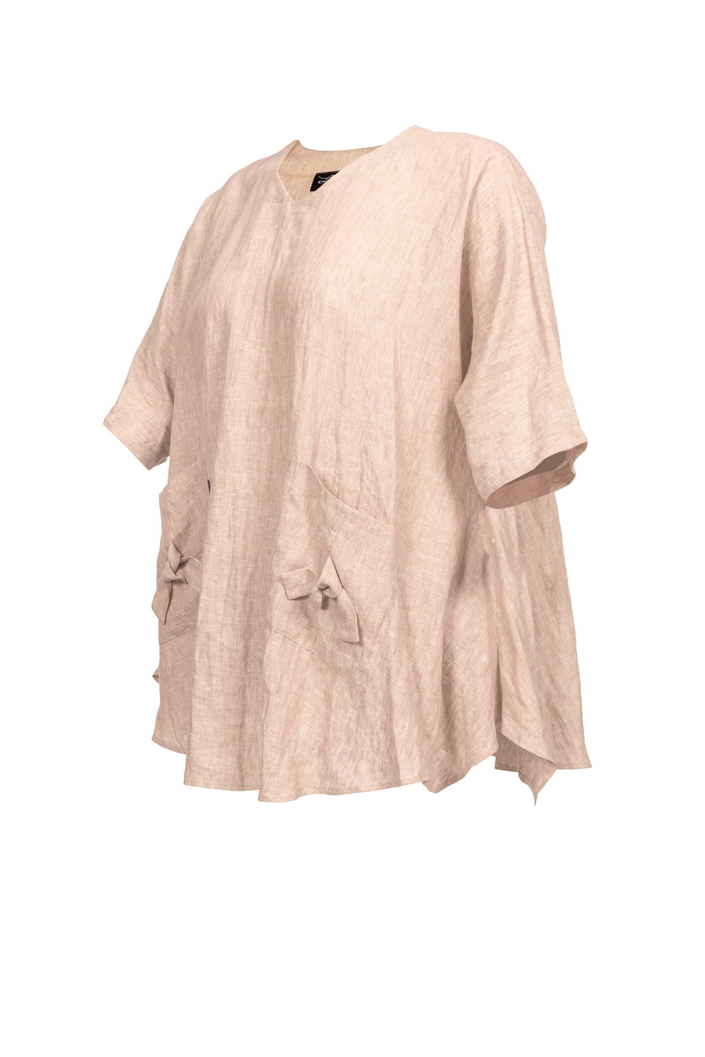 Beige Leinen-Tunika mit V-Ausschnitt und Zipfelsaum.