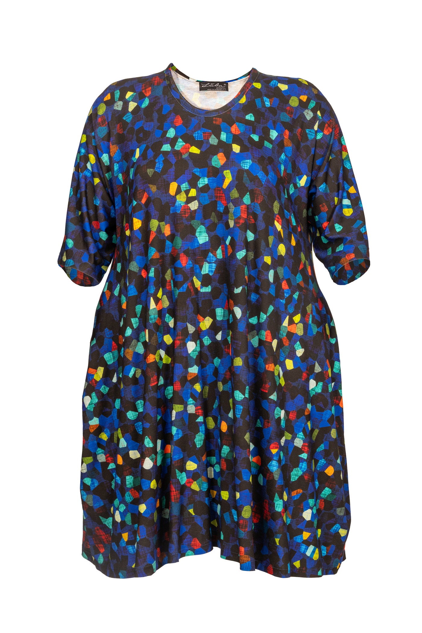 Blaues Jersey-Ballon-Kleid mit bunten Punkten.