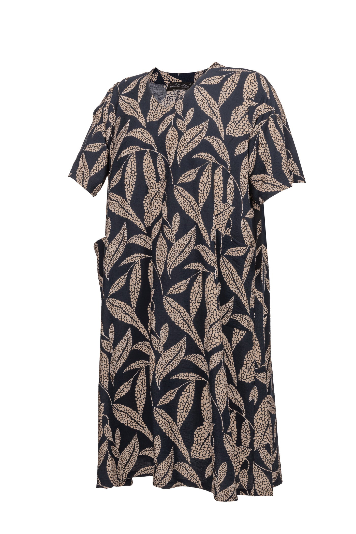 Maxi Sommer-Kleid aus Viskose, mit dunkelblauem Blumen-Druck.