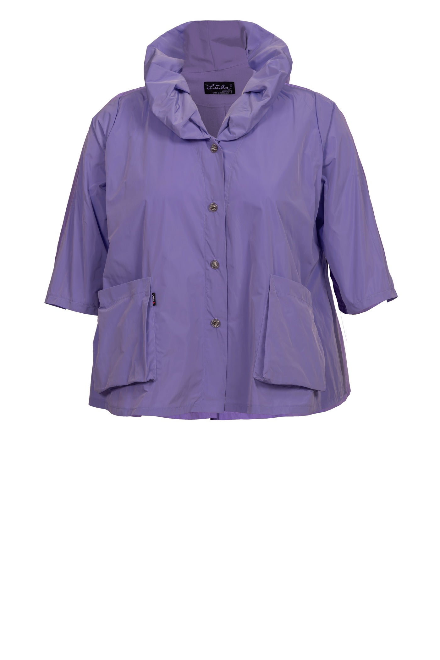 Pastell-Lila Taft-Jacke mit Beuteltasche und ausgefallenem Kragen.
