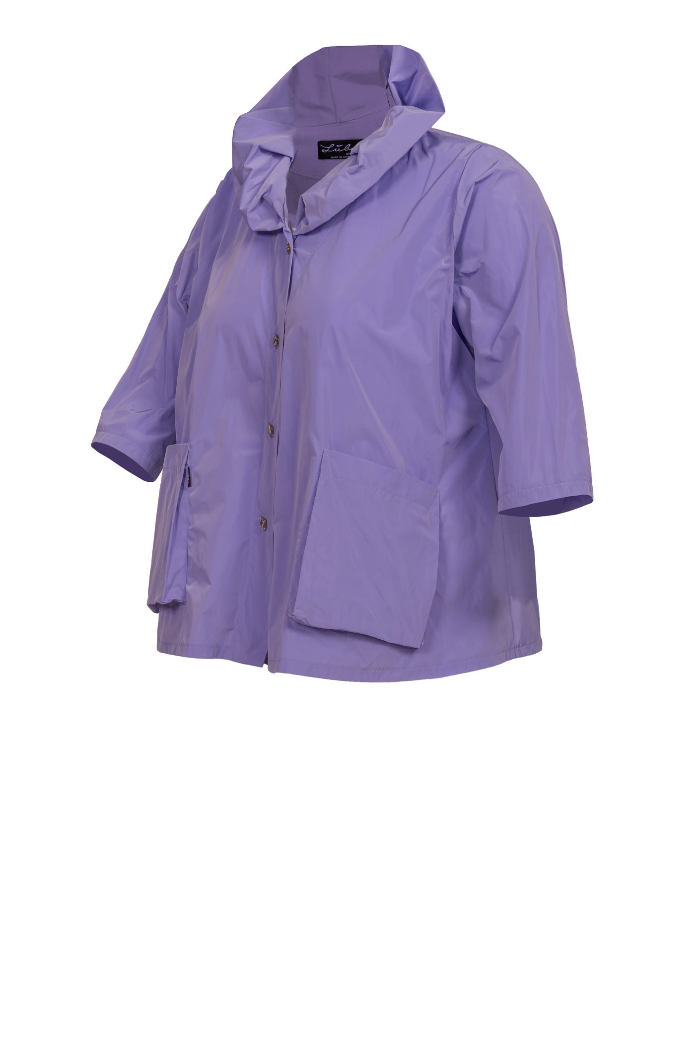 Pastell-Lila Taft-Jacke mit Beuteltasche und ausgefallenem Kragen.