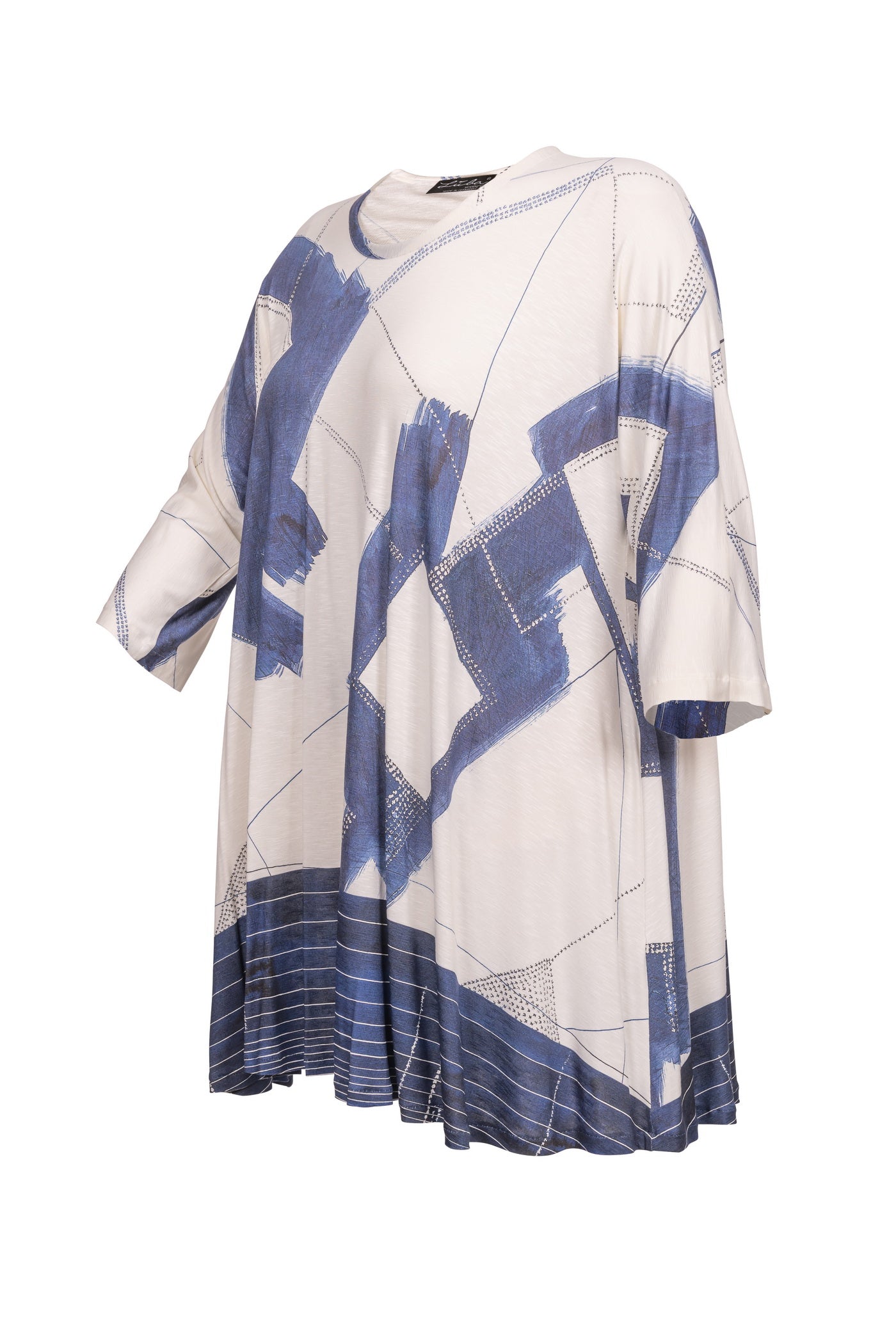 Jersey-Viskose-Tunika in weiß mit blauem Muster.
