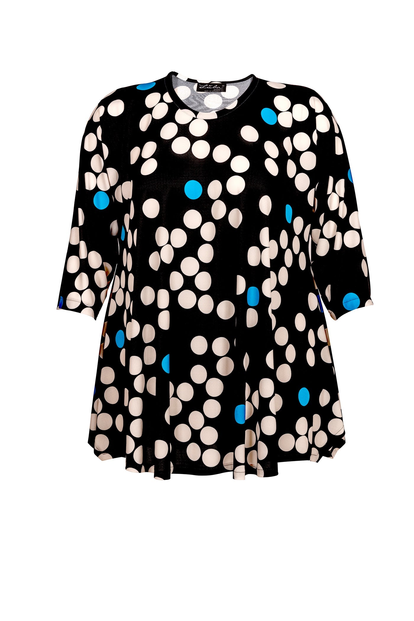 Ausgefallene Jersey-Tunika in schwarz, mit weißen und blauen Punkten.