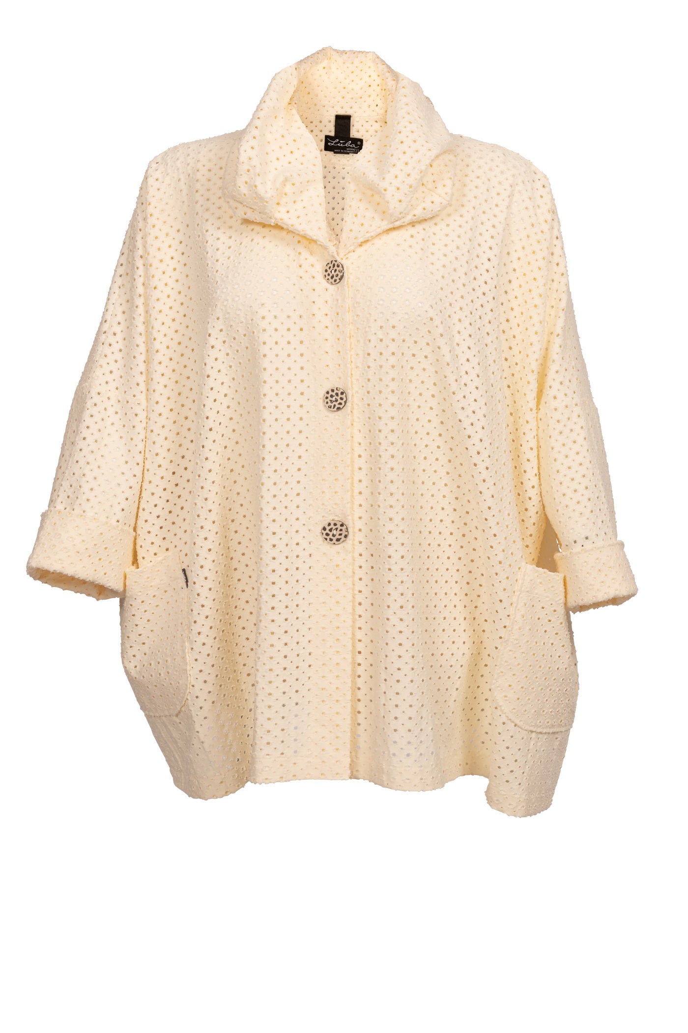 Beige Baumwoll-Jacke mit hohem Kragen und Lochmuster.