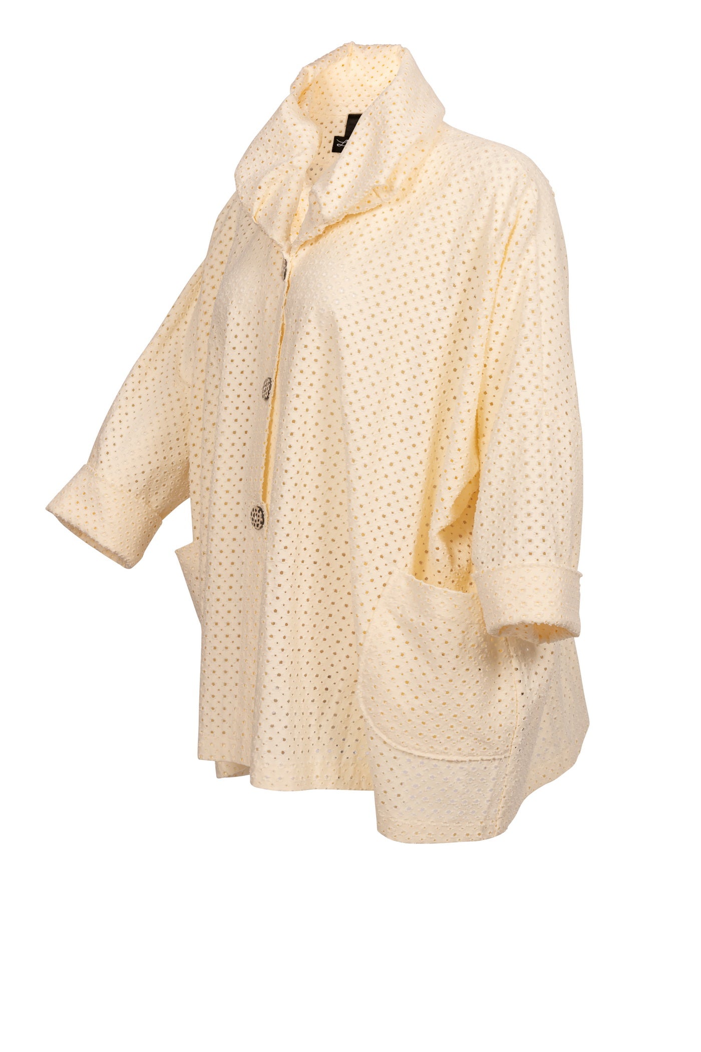 Beige Baumwoll-Jacke mit hohem Kragen und Lochmuster.