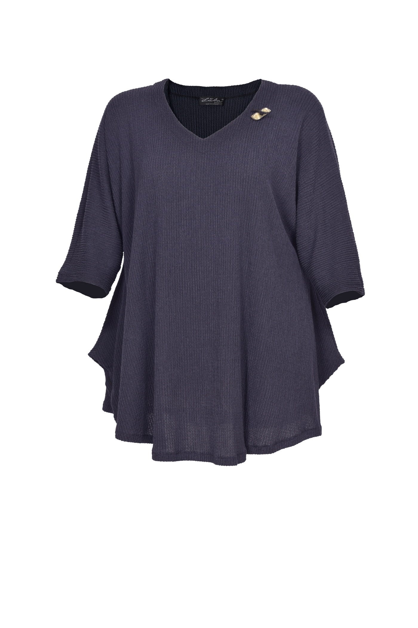 Stylische grau-blaue Tunika mit Zierknopf und langen Ärmeln.