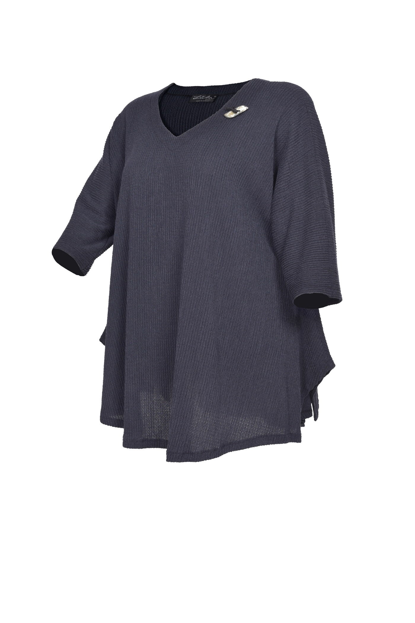 Stylische grau-blaue Tunika mit Zierknopf und langen Ärmeln.