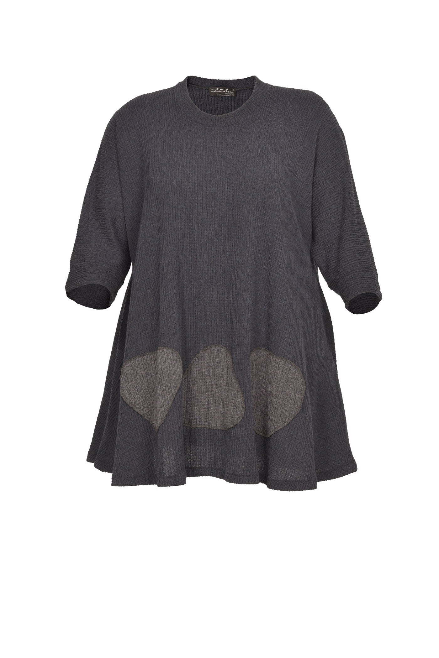 Stylische grau-blaue Tunika mit Herzen-Applikation, ohne Kragen und langen Ärmeln.