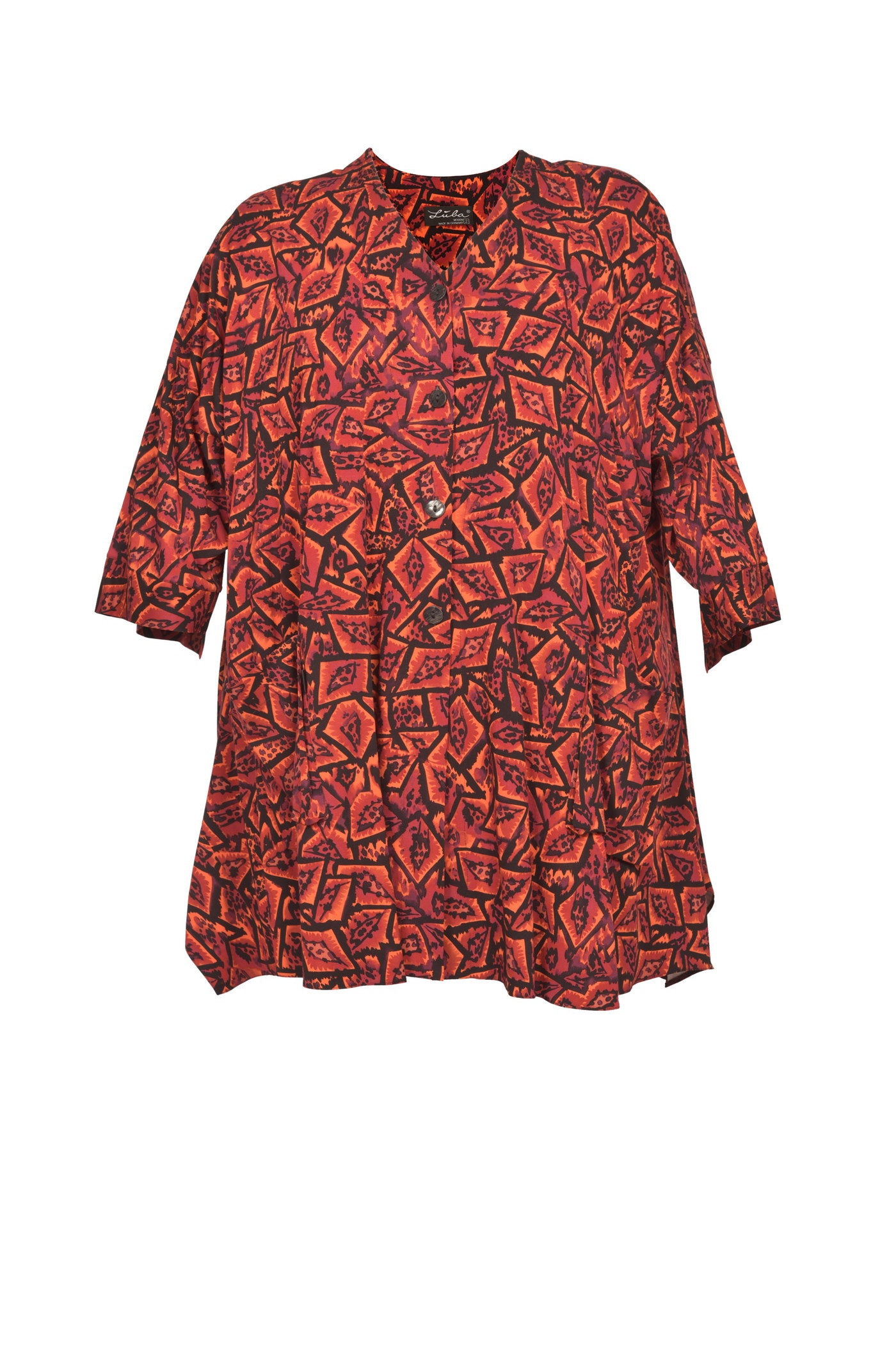 Rot schwarz gemusterte Viskose-Bluse mit 2 Taschen.