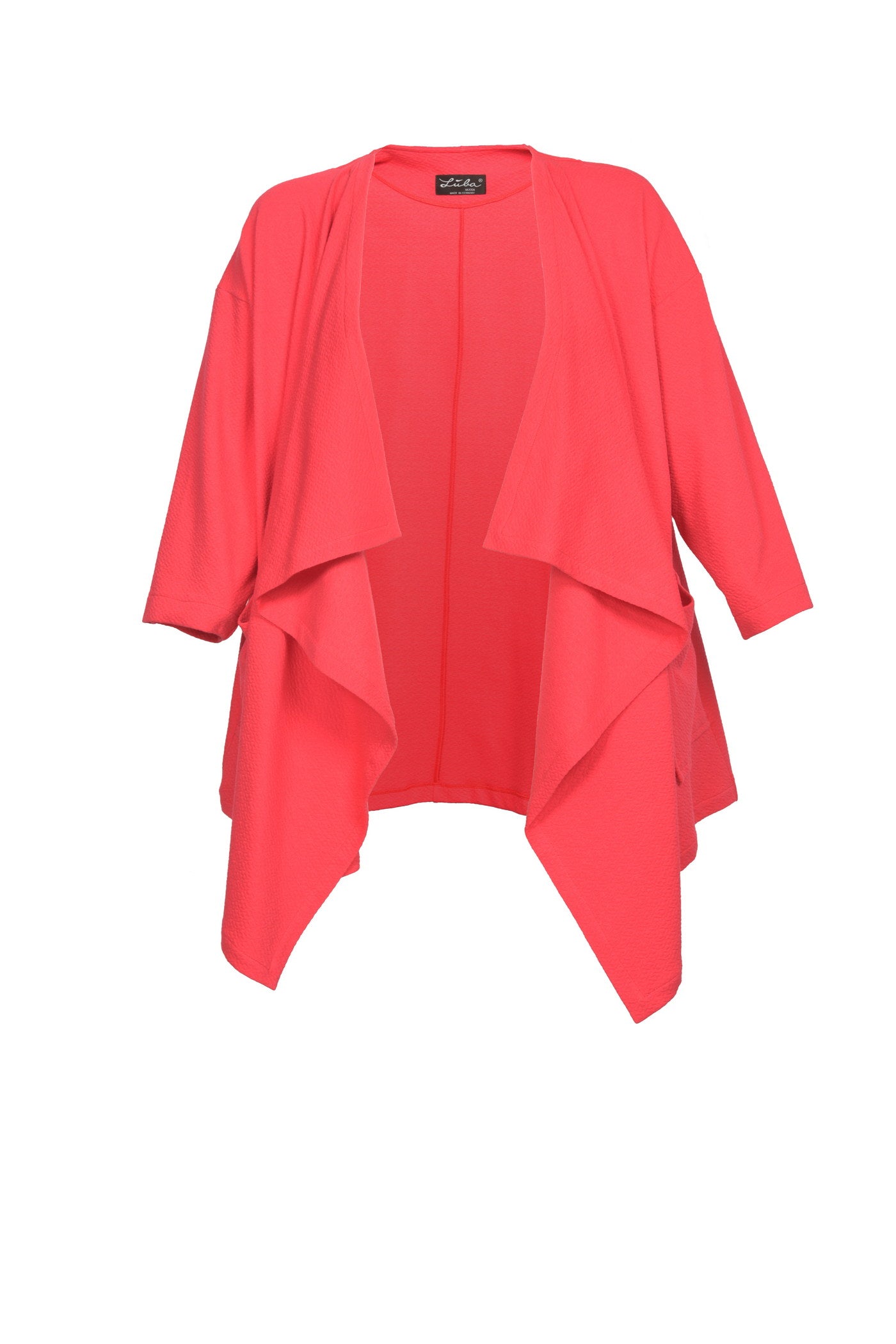 Offen gehaltener, coralroter Jacquard-Cardigan.