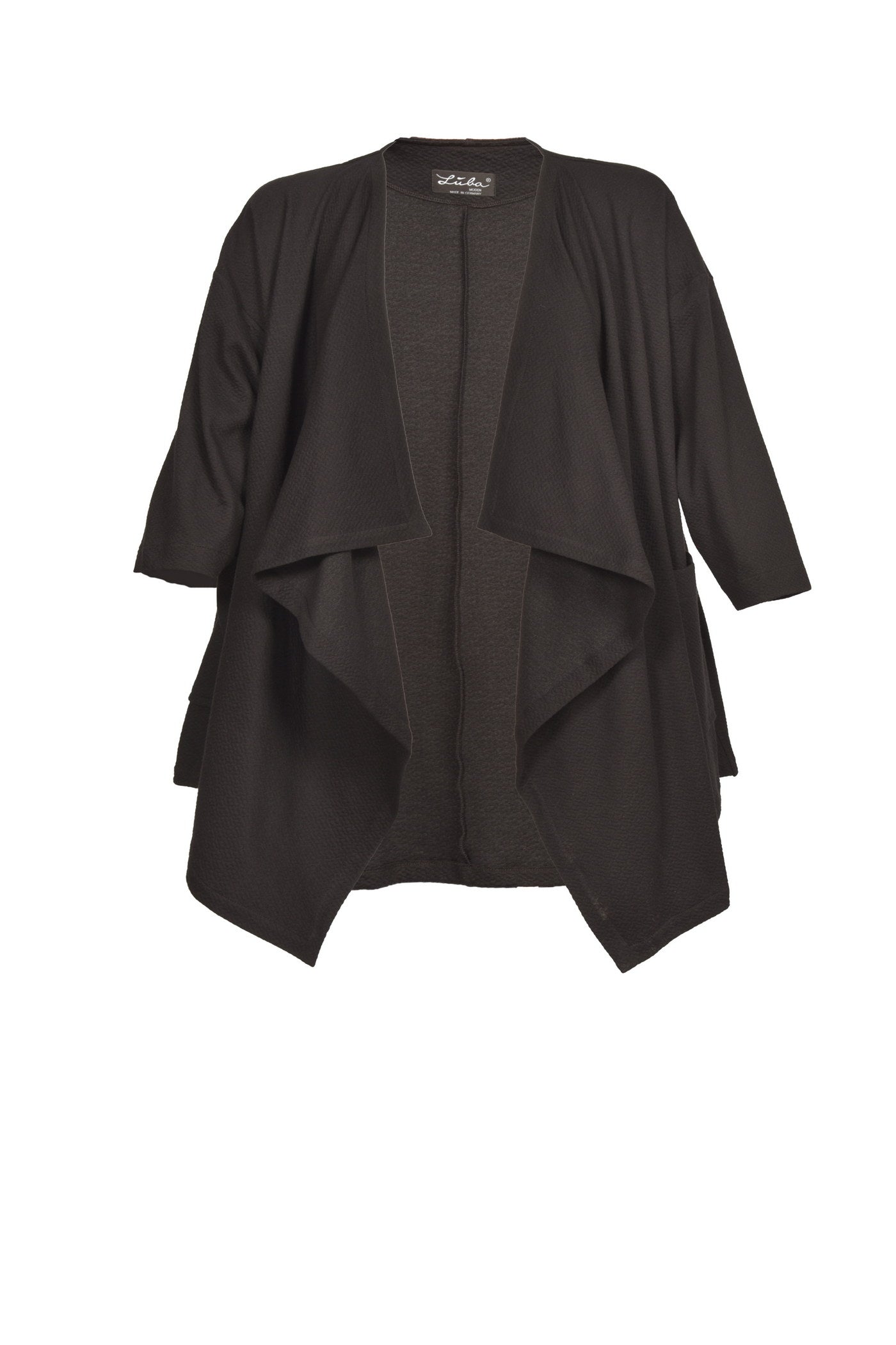 Offen gehaltener schwarzer Jacquard-Cardigan.