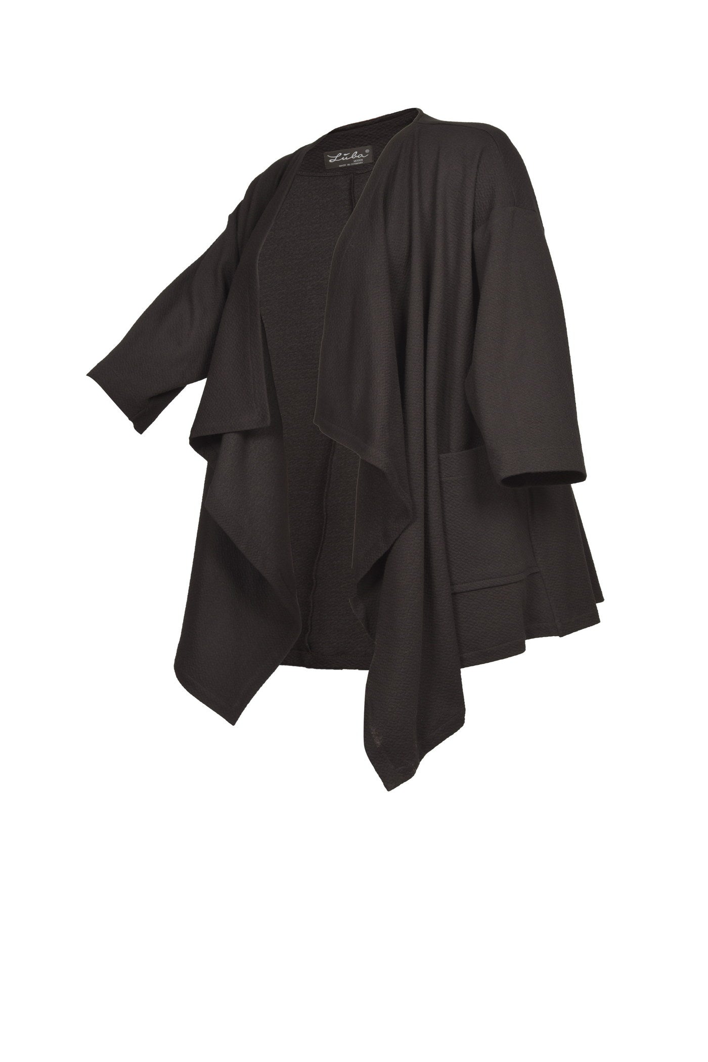 Offen gehaltener schwarzer Jacquard-Cardigan.