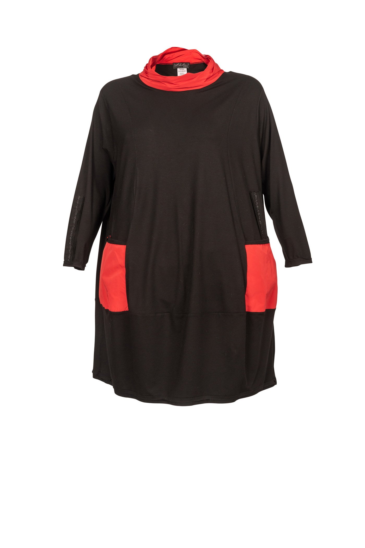 Ausgefallene Jersey-Tunika mit rotem Taft-Rollkragen und roten Taft-Taschen.