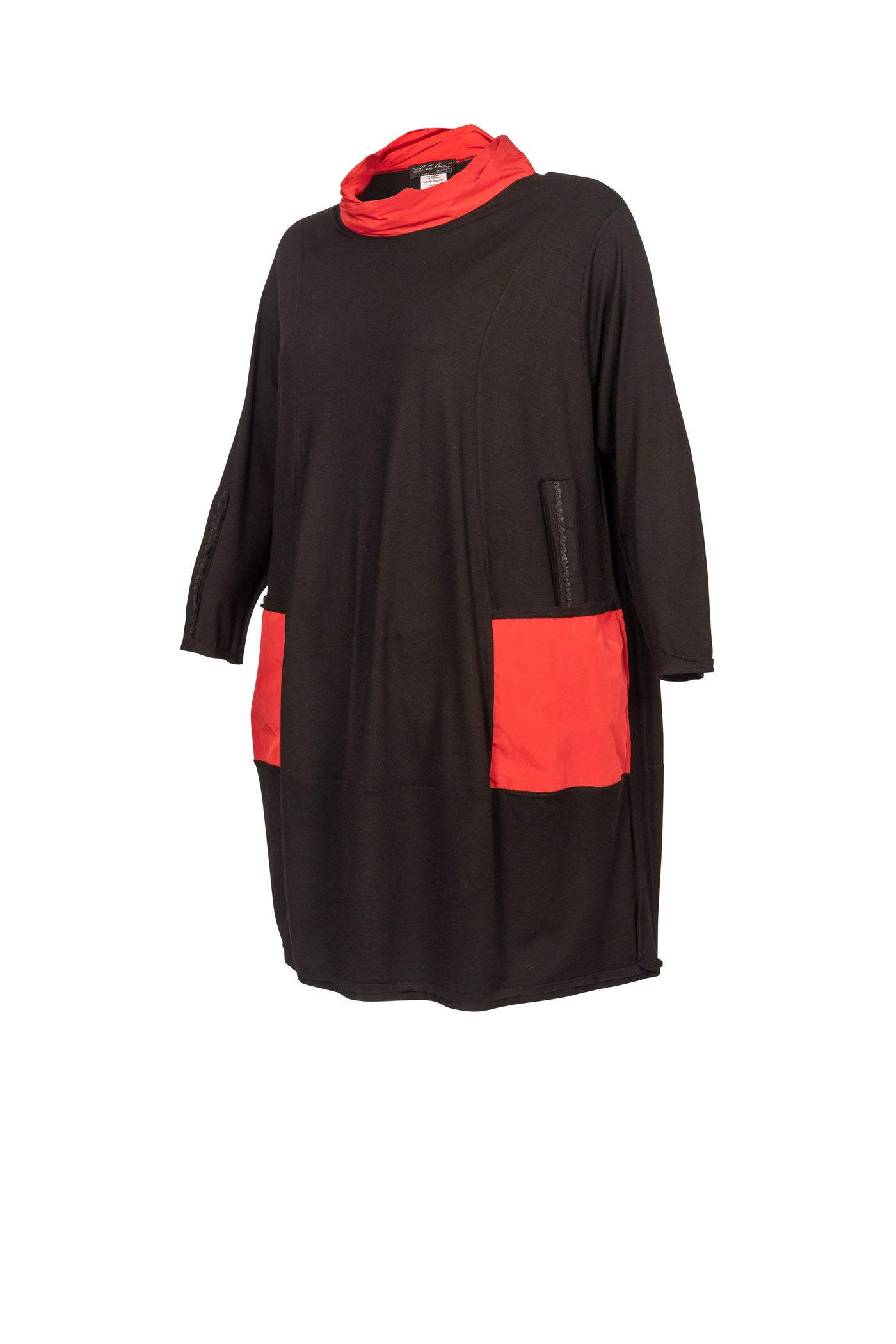 Ausgefallene Jersey-Tunika mit rotem Taft-Rollkragen und roten Taft-Taschen.